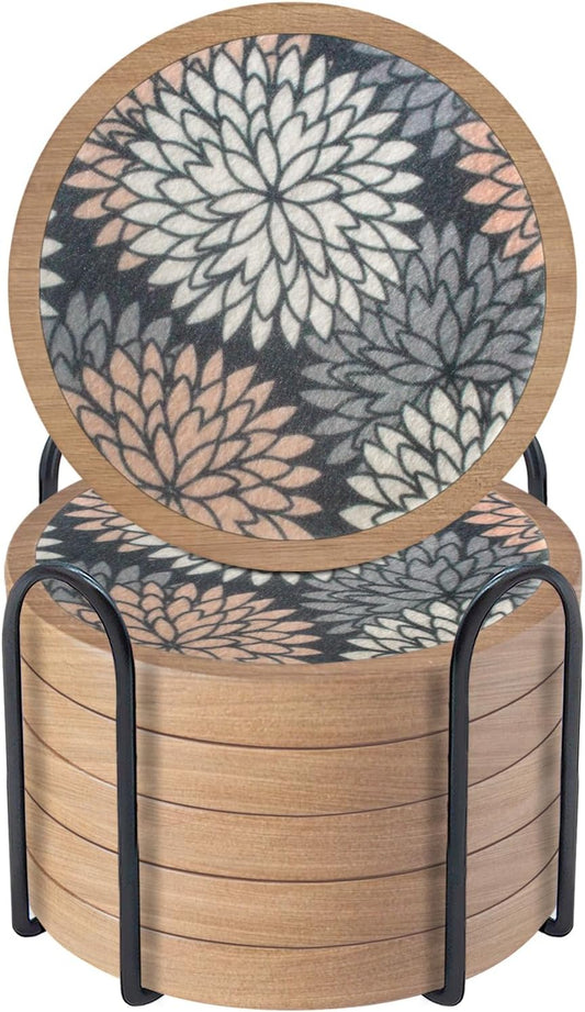 Wood Coasters Set of 6 with Holder, Cewiru Cup Mat for Drinks, Absorbent Coasters with Felt Insert for Coffee Table Protection, Modern Style Home Dining Table Decor, 4.3" Mix Brown