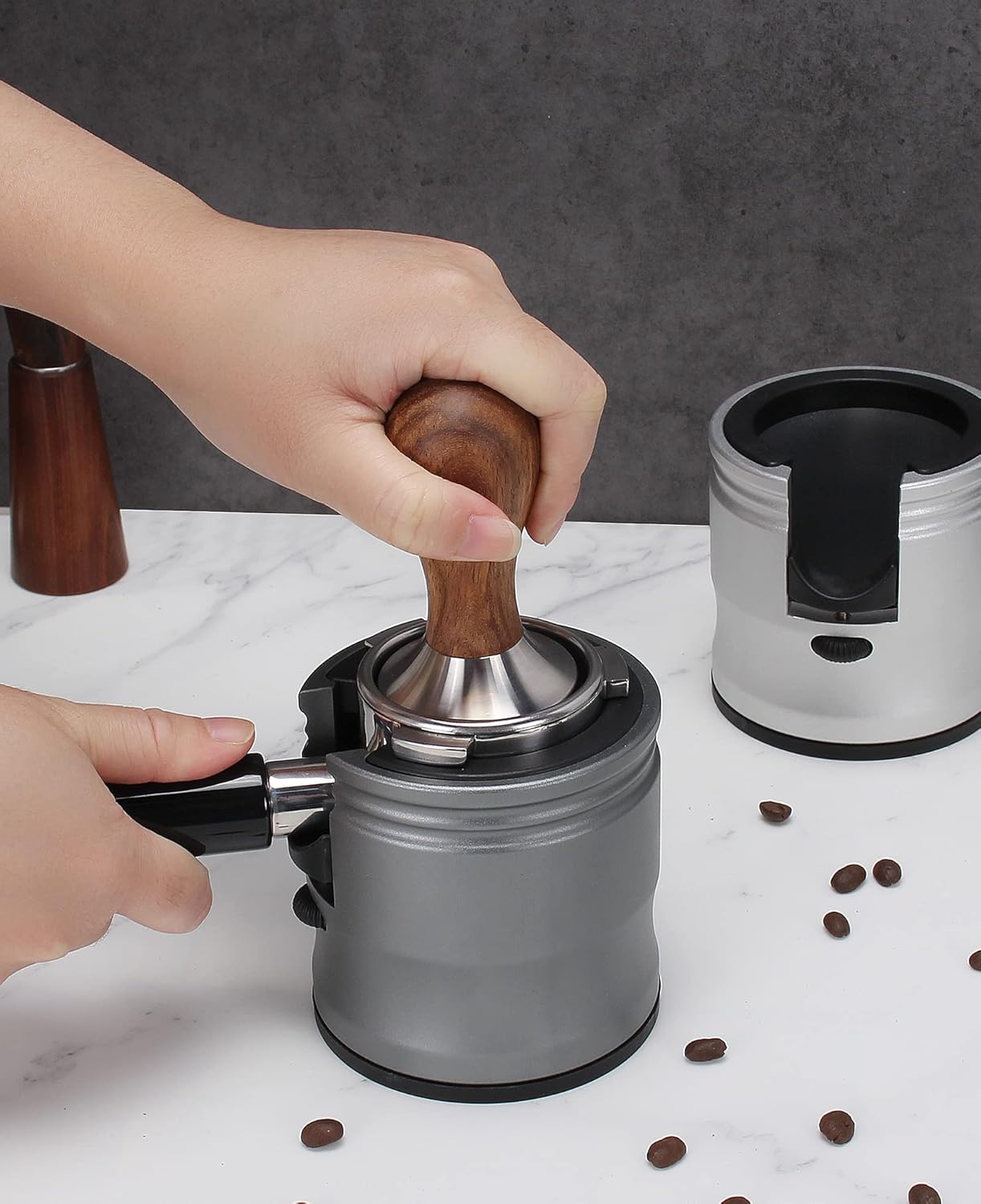 Espresso Tamping Station, Coffee Portafilter Holder, Aluminum Alloy Stand Fit for Most 51mm, 53mm, 54mm and 58mm Portafilter (Round, Grey)