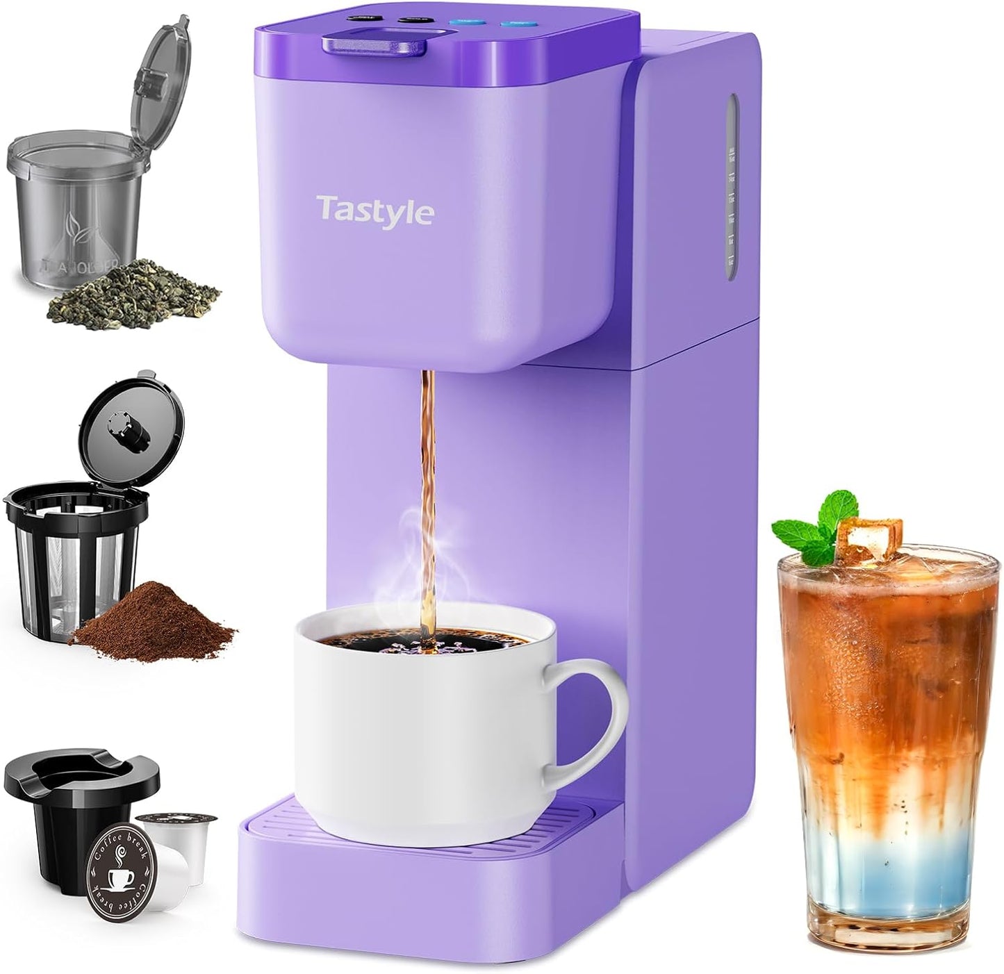 Single Serve Coffee Maker for K Cup, Ground and Tea, Hot and Iced Coffee Machines with Bold Setting, 6 to 16 Oz Brew Sizes, Compact for Small Spaces, Purple (2.0 Version)