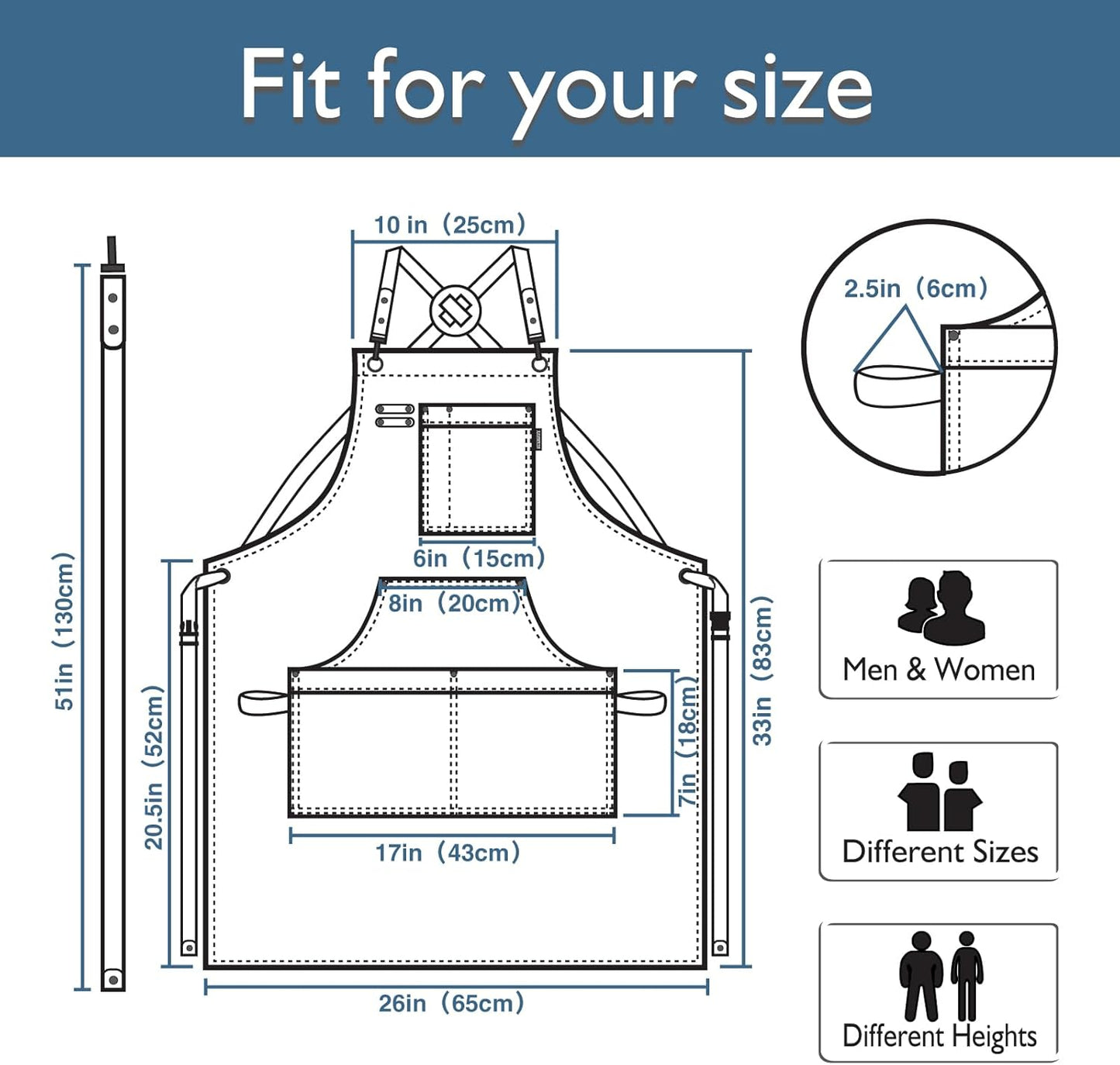Kitchen Apron, Work Apron, Canvas, Multiple Pockets, Gardening, Painting, BBQ, Artist, Carpenter, Sizes M to XXL, Blue