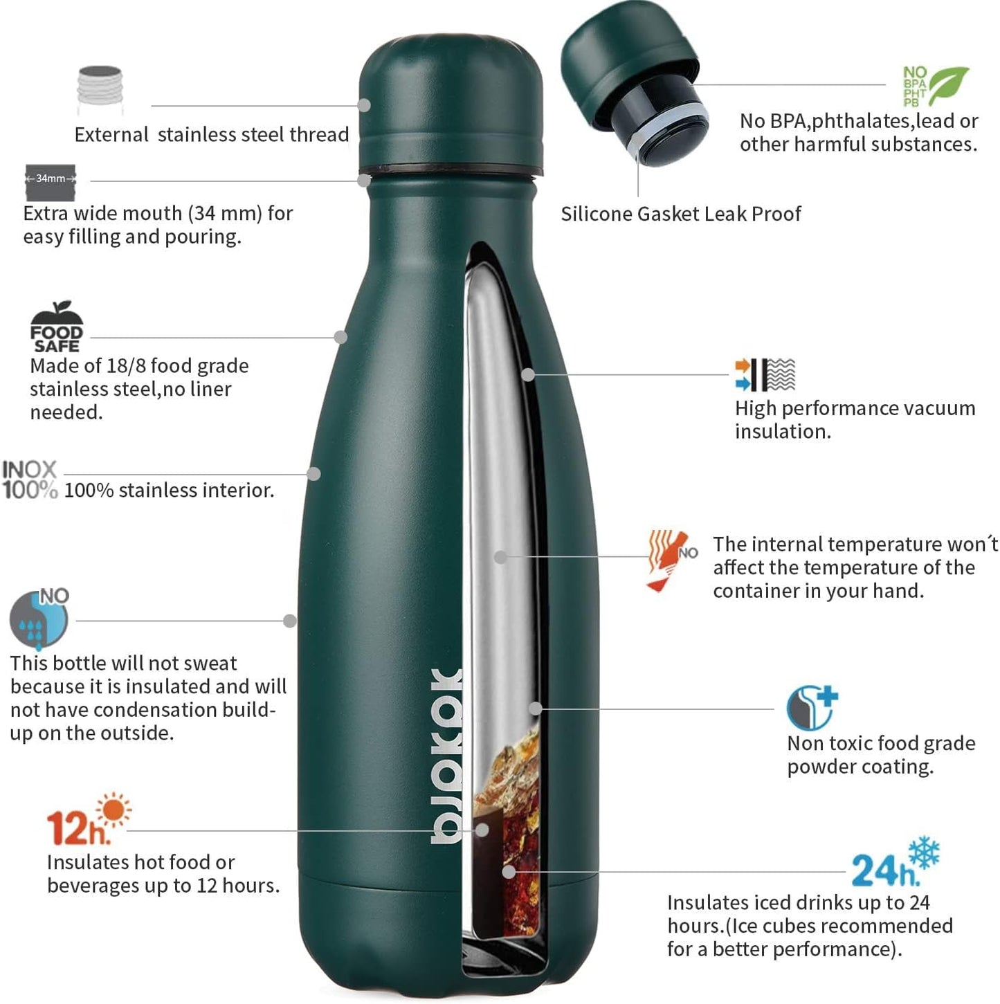 BJPKPK 12oz Small Insulated Water Bottles Stainless Steel Water Bottle for Travel,Army Green