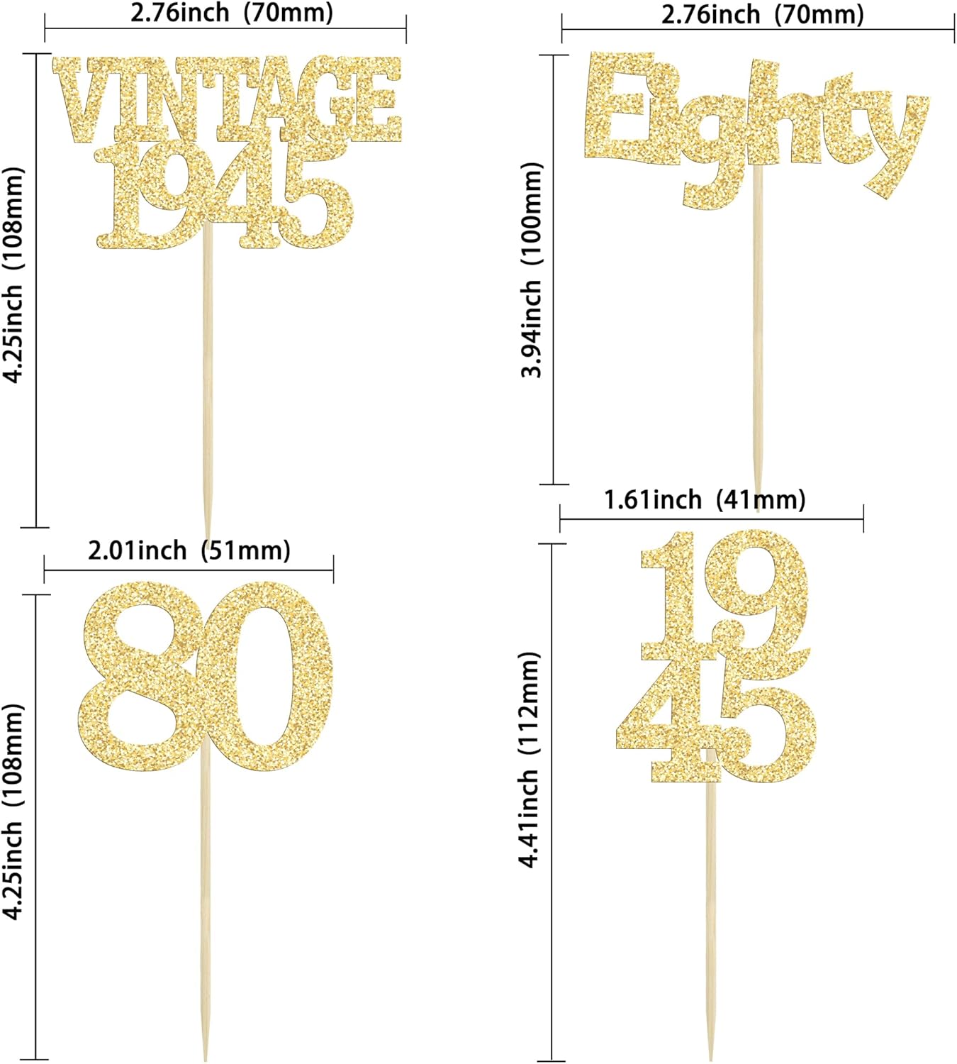 Gyufise 24Pcs 80th Birthday Cupcake Toppers Glitter Cheers to 80 Fabulous Eighty Vintage 1945 Cupcake Picks 80th Birthday Wedding Anniversary Party Cake Decorations Supplies Gold