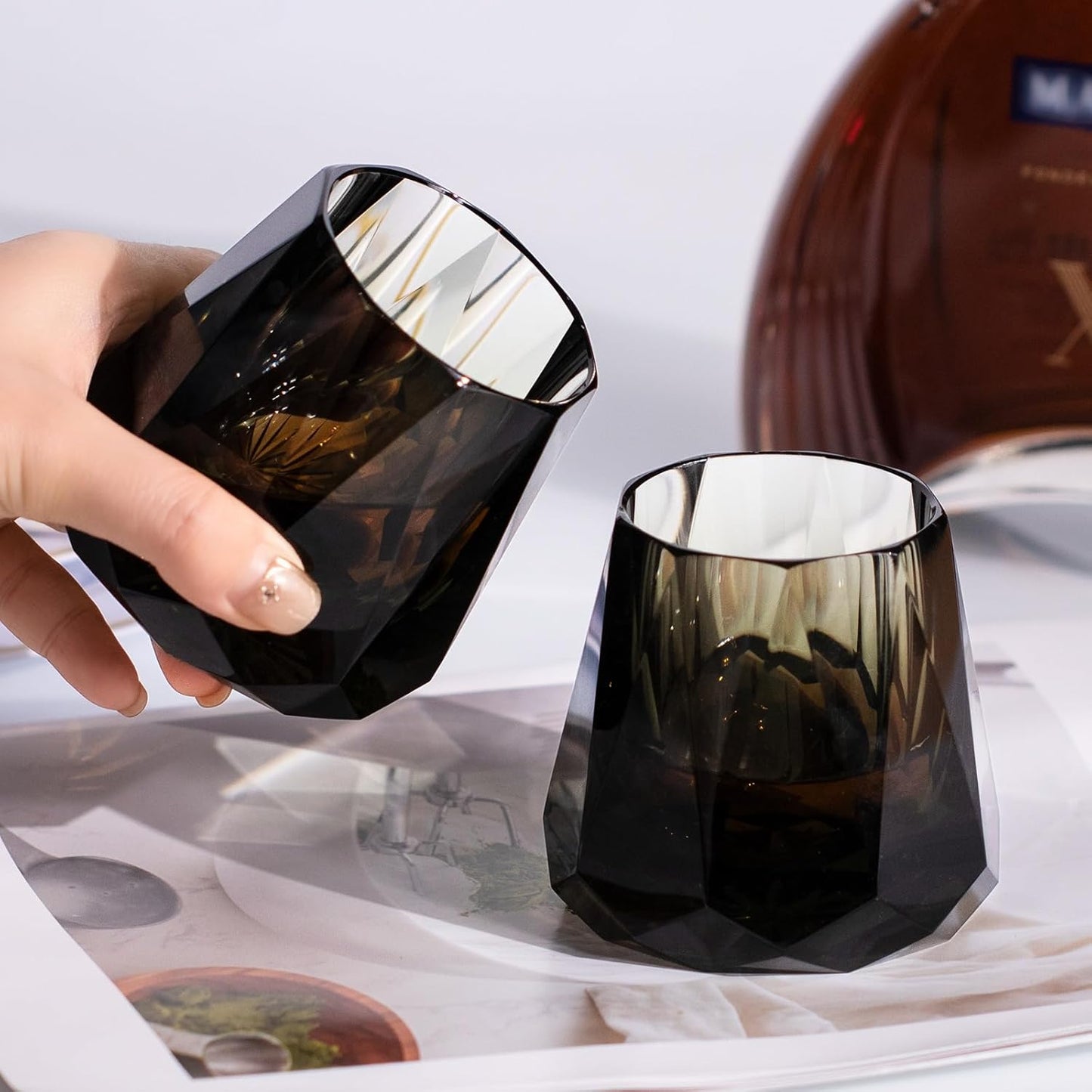 KAMMAK Crystal Whiskey Glasses Set of 2, 5.3oz Old Fashioned Glasses Stemless, Hand Blown Colored Cocktail Glasses, Engagement Gifts for Couples, Women, Men