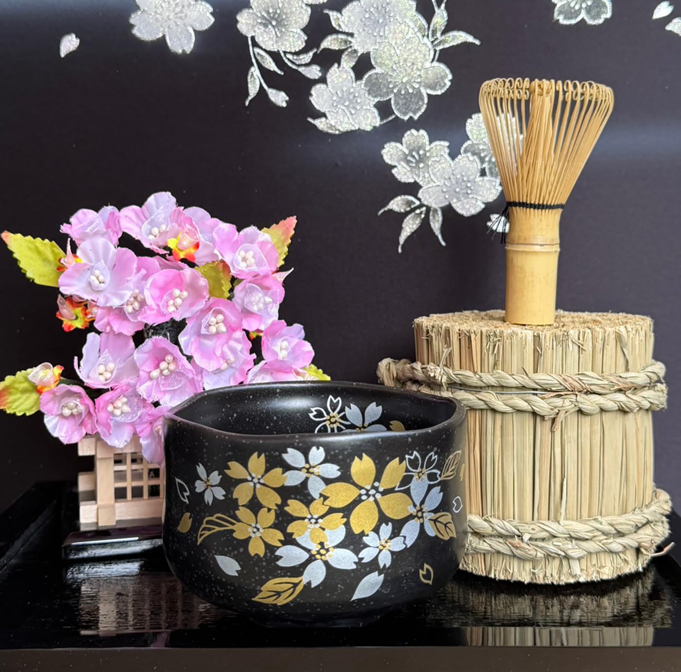 Japanese Traditional Mino Ware Handcrafted Mini Matcha Chawan Tea Bowl Cup Set With Chasen Bamboo Tea Whisk Ceremony Tableware Pottery (Tenmoku Sakura)