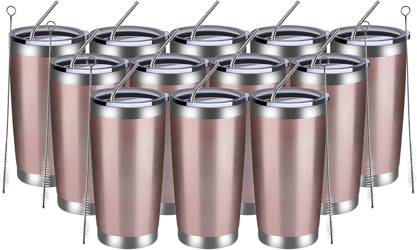 MEWAY 20oz Tumbler 12 Pack Double Wall Vacuum Insulated Travel Mug Bulk, Stainless Steel Tumblers with Lid and Straw, Durable Powder Coated Coffee Cups for Cold & Hot Drinks (Rose Gold, 12)