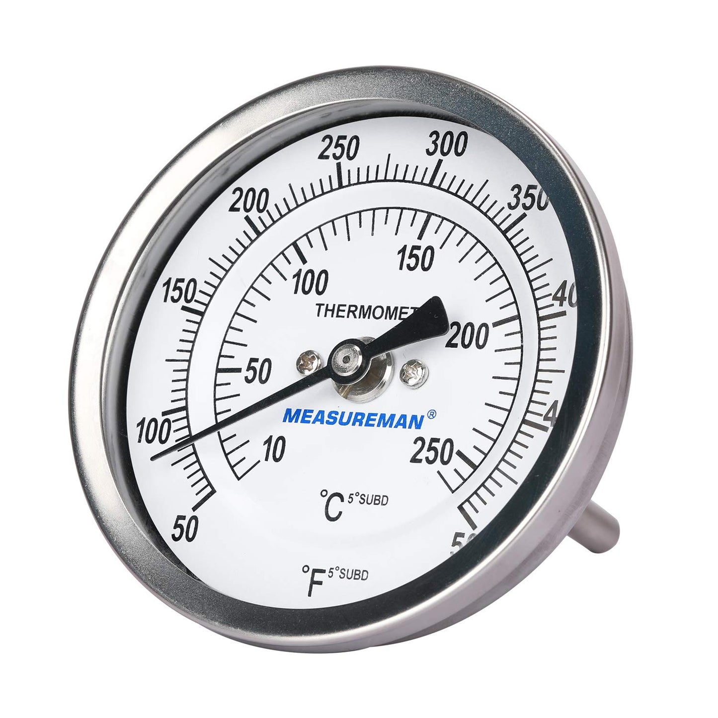 Measureman Fully Stainless Steel Bimetal Dial Thermometer, 3" Dial, 2-1/2" Stem, 50-550 deg F/10-260 deg C, -1% Accuracy, Adjustable, 1/2" NPT Back Mount