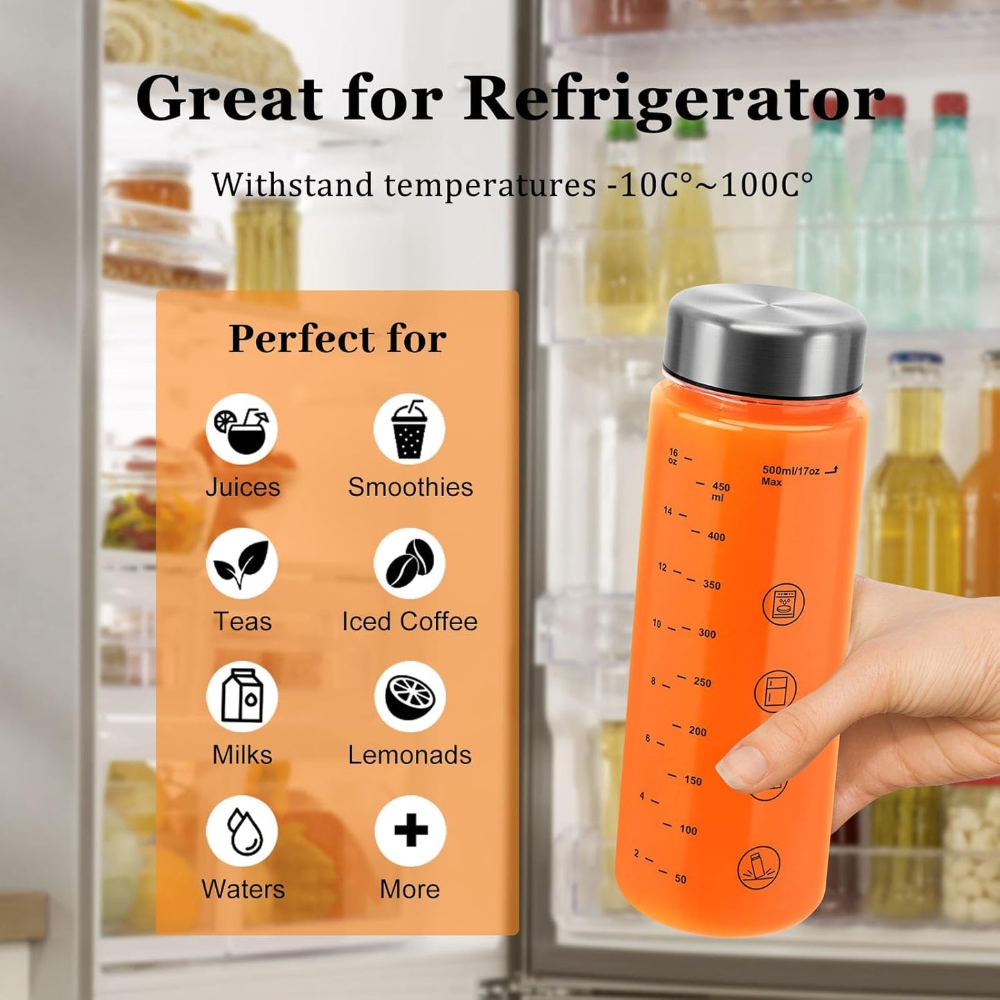 6 Pack Juice Bottles with Caps - Wide Mouth Resuable Clear Plastic Water Bottles for Juicing,Smoothie,Protein, Beverage,Storage Containers,BPA Free,Leakproof Stainless Steel Lid(16 Ounces)