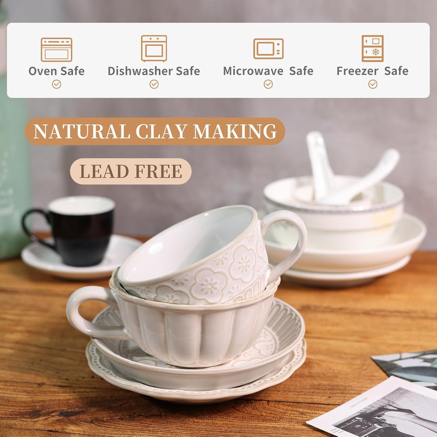 12 OZ Latte Cup with Saucer, Cappuccino Cup Vintage Cafe Art Cups for Espresso Turkish Coffee, Farmhouse Latte Mugs Tea Cups and Saucers Porcelain Set for Christmas Thanksgiving Day Gift