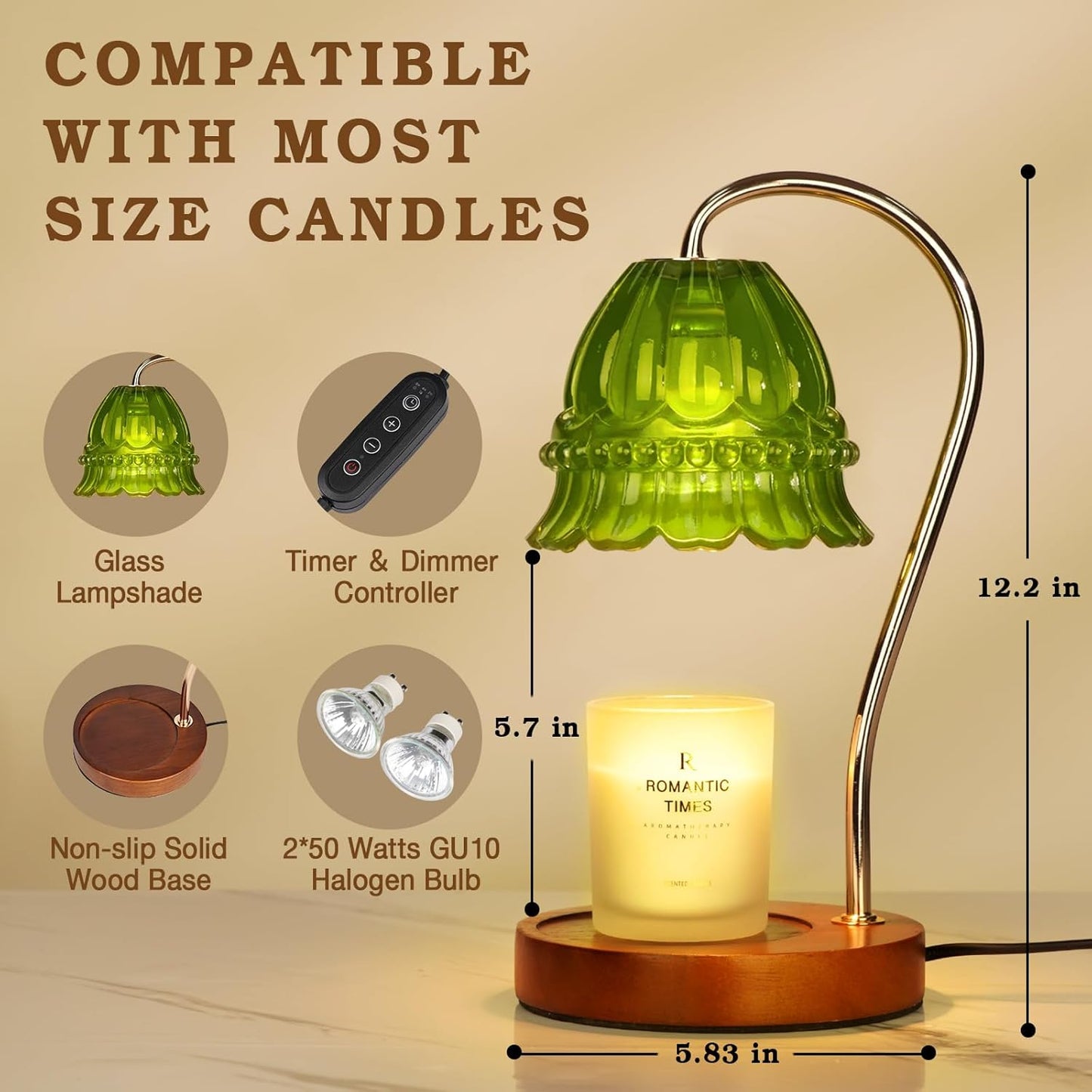 Dimmable Candle Warmer Lamp with Timer, Green Flower Candle Lamp Warmer for Jar Candles, Unique Women Mom Birthday Gifts Ideas, Fall Decor for Home Bedroom Living Room