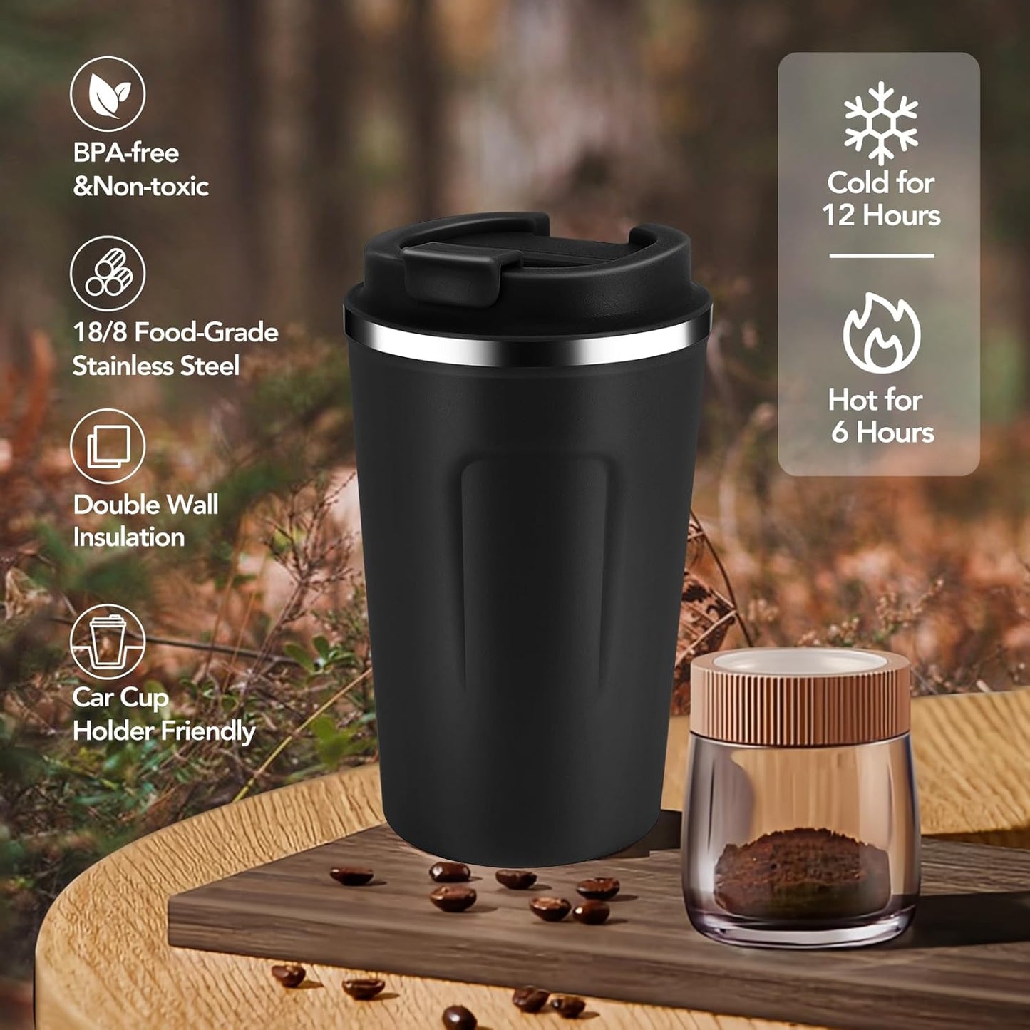 Volhoply 12 oz Double Wall Insulated Vacuum Travel Coffee Mug with Flip Lid Bulk 4 Pack,Reusable Stainless Steel Leak Proof Coffee Cups,Portable Cafe Thermal Tumbler for Hot & Cold Drinks(Black,4 Set)