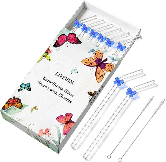 Cute Glass Straws with Charms Bows, 9 Inch 8mm Reusable Clear Glass Straws Bent - thick Borosilicate Drinking Straw Eco Friendly, BPA Free for Hot Drinks, Iced Coffee, 16 oz Tumblers - Include Brushes