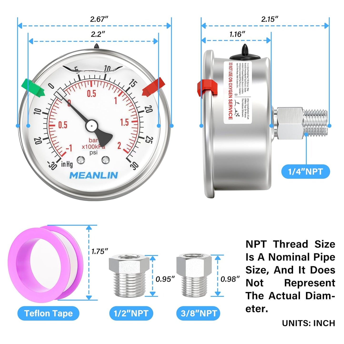 MEANLIN MEASURE -30inHG~30Psi Vacuum Pressure Gauge 316 Stainless Steel Joint 1/4"NPT 2.5"FACE DIAL, Liquid Filled Pressure Gauge WOG Water Oil Air Back Mount with Stainless Steel Hex Bushing, Snaps