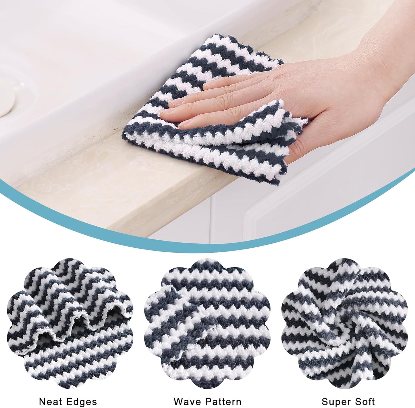 Homaxy 18 Pack Kitchen Dish Cloths, Ultra Soft and Absorbent Dish Towels, Reusable Fast Drying Microfiber Cleaning Cloth, Coral Velvet Wave Design No-lint, 10 x 10 inches, Dark Grey