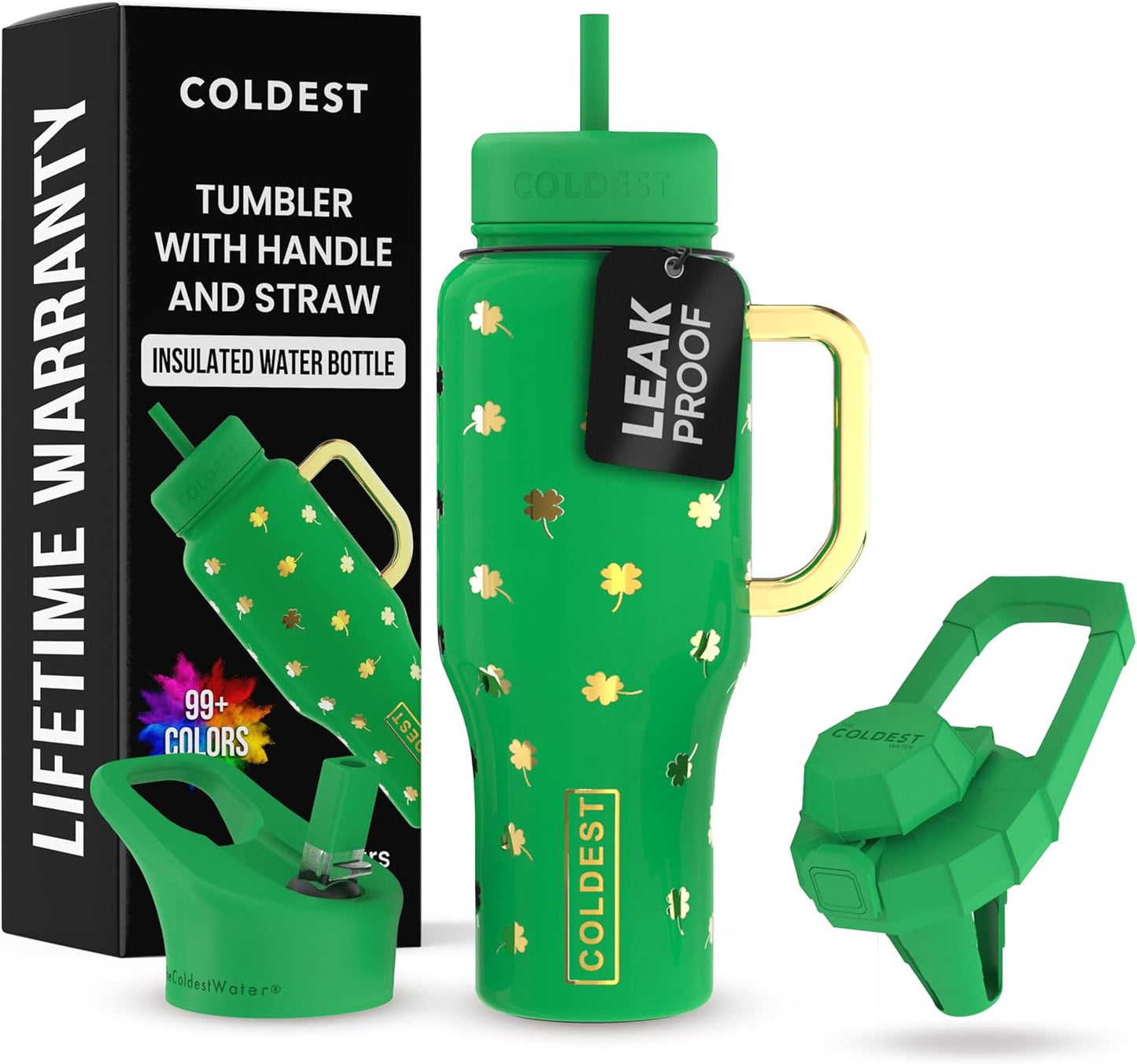 Coldest 40 oz Tumbler with Handle and Straw - 100% Leak Proof Insulated Tumbler with Lid and Straw (3 Lids) - Stainless Steel Tumblers for Women & Men - Cup Holder Friendly Base, 36 oz (Lucky)