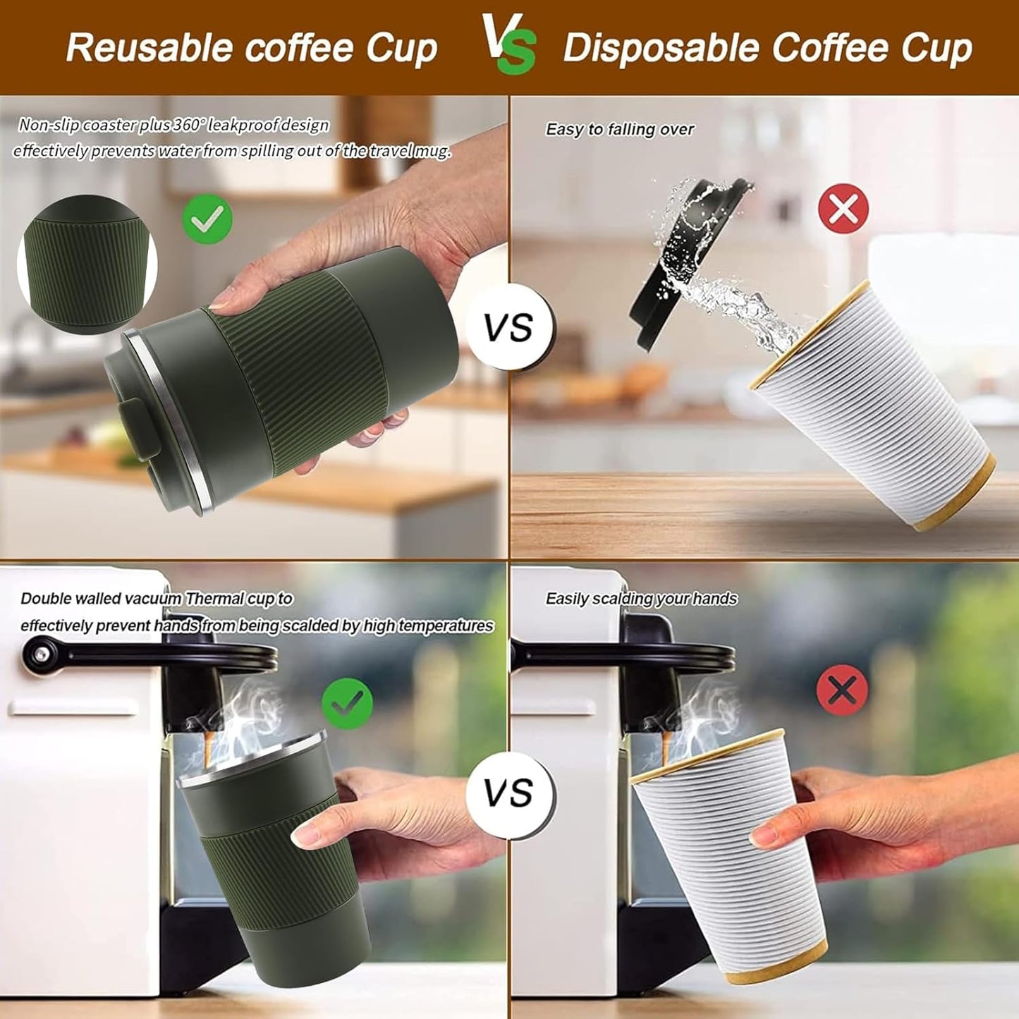 YINBAOGE Insulated Travel Coffee Mug Spill Proof Leak Proof Pobtable To Go Camping Stainless Steel Coffee Tumbler Reusable Coffee Cups with Lids Thermos for Hot and Cold Drink (Green, 17 OZ)