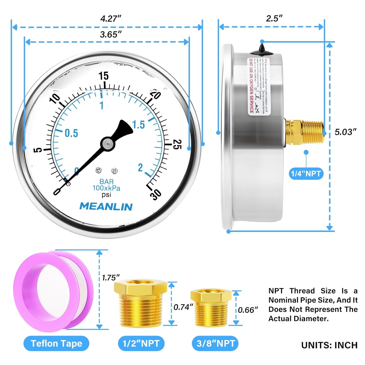 MEANLIN MEASURE 0~30Psi Stainless Steel 1/4" NPT 4" FACE DIAL Liquid Filled Pressure Gauge WOG Water Oil Air Back Mount, with 1/4" x 1/2" NPT and 1/4" x 3/8" NPT Hex Bushing