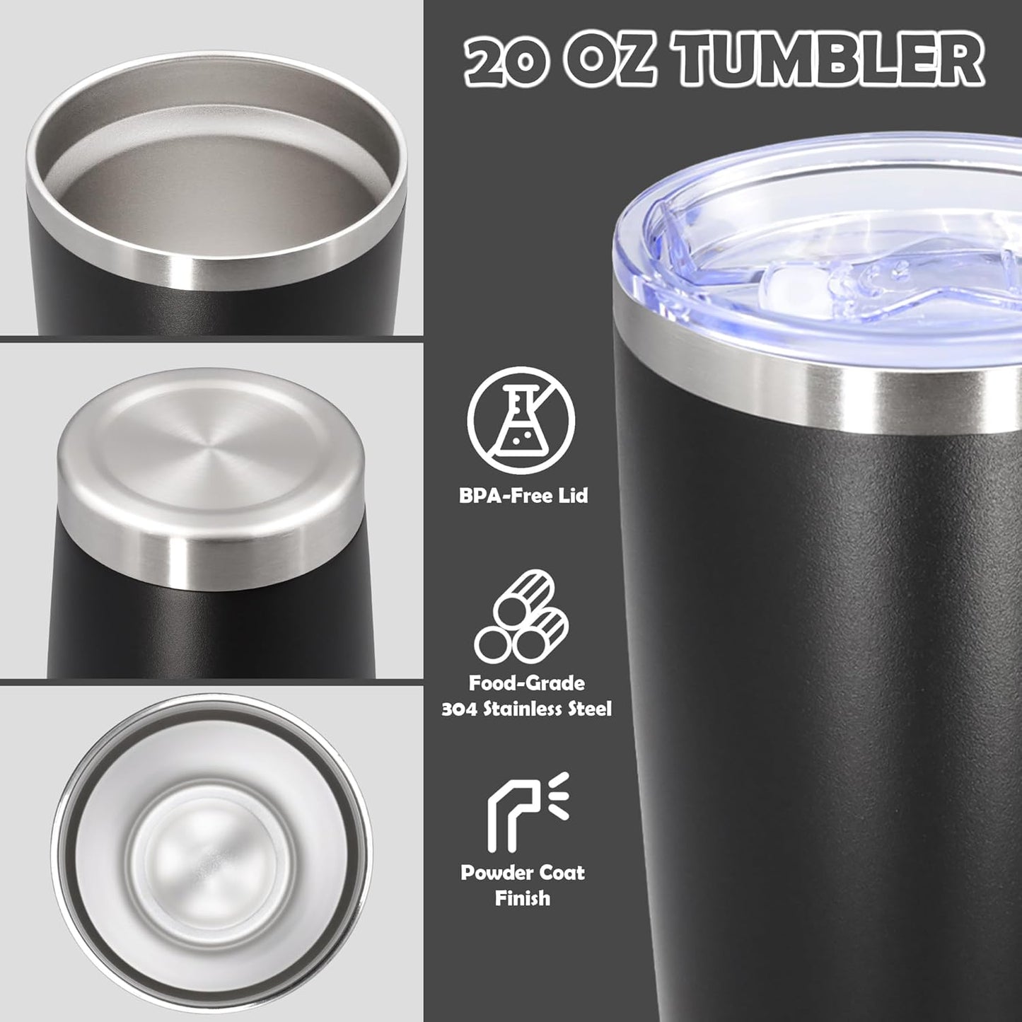 20oz Tumbler Stainless Steel Tumbler Cup with Lid Vacuum Insulated Double Wall Travel Mug, Durable Powder Coated Travel Coffee Tumbler Mug for Hot & Cold Drinks, Black,1 Pack