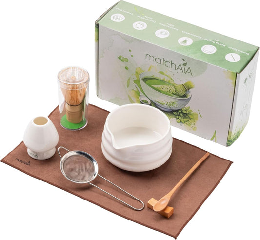 7 Pcs Matcha Set - Ceramic Bowl, Bamboo Whisk with Holder, Sifter, Schima Spoon, Spoon Rest and Tea Towel, Complete Kit for Traditional Matcha and Modern Lattes (White)