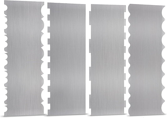 4 Pieces Stainless Steel Cake Scraper 10 Inch and Sided Patterned Edge Stripe Edge Smoother Scraper Cake Decorating Comb Cake Pastry Cutter for Mousse Butter Cream Cake Decoration