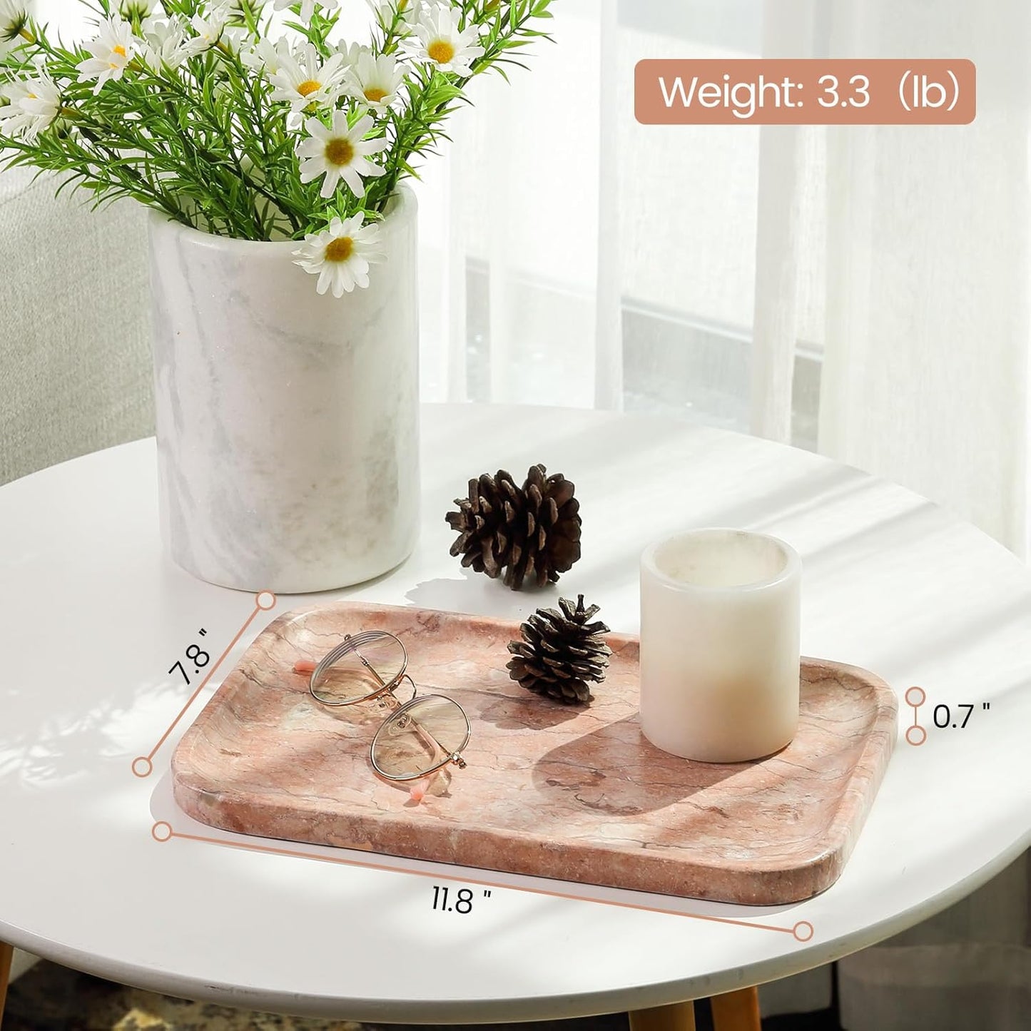 Marble Vanity Tray, Bathroom Tray for Countertop, Decoration Dresser Organizer, Perfume, Jewelry Holder, Red Stone Serving for Kitchen Sink Storage(Spring Rose)