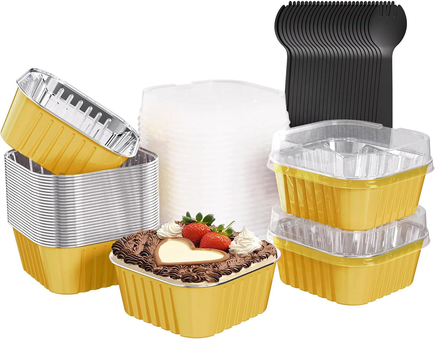 25 Pack Square Mini Cake Pans with Lids,Mini Loaf Pans with Lids,Aluminum Foil Baking Cups,Disposable Ramekins Cupcake Cups,Dessert Cups for Wedding Birthday Party Picnics,5oz (Gold)