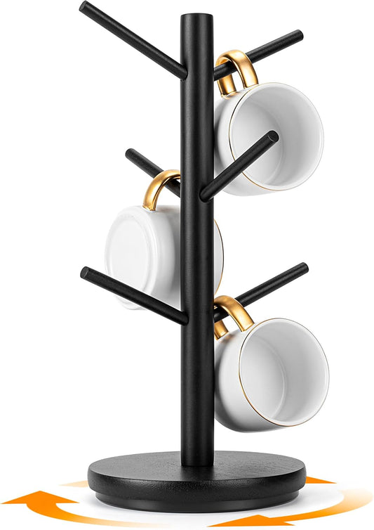 MyLifeUNIT Mug Holder Tree, 360° Rotated Coffee Cup Holder with 6 Hooks, Wooden Coffee Mug Holder Organizer for Counter Top, Coffee Bar Accessories (Black)