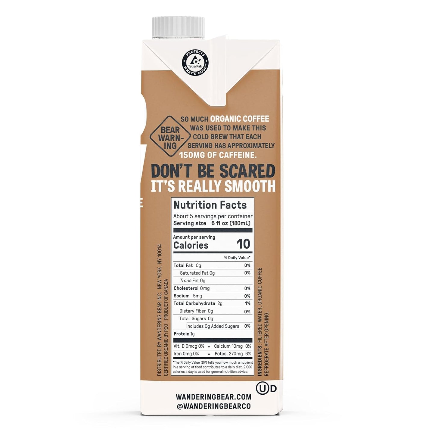 Wandering Bear Straight Black Organic Cold Brew Coffee, 32 fl oz, 6 pack - Extra Strong, Bold, Smooth, Unsweetened, Shelf-Stable, Ready to Drink, 100% Organic, Iced Cold Brewed Coffee Drinks