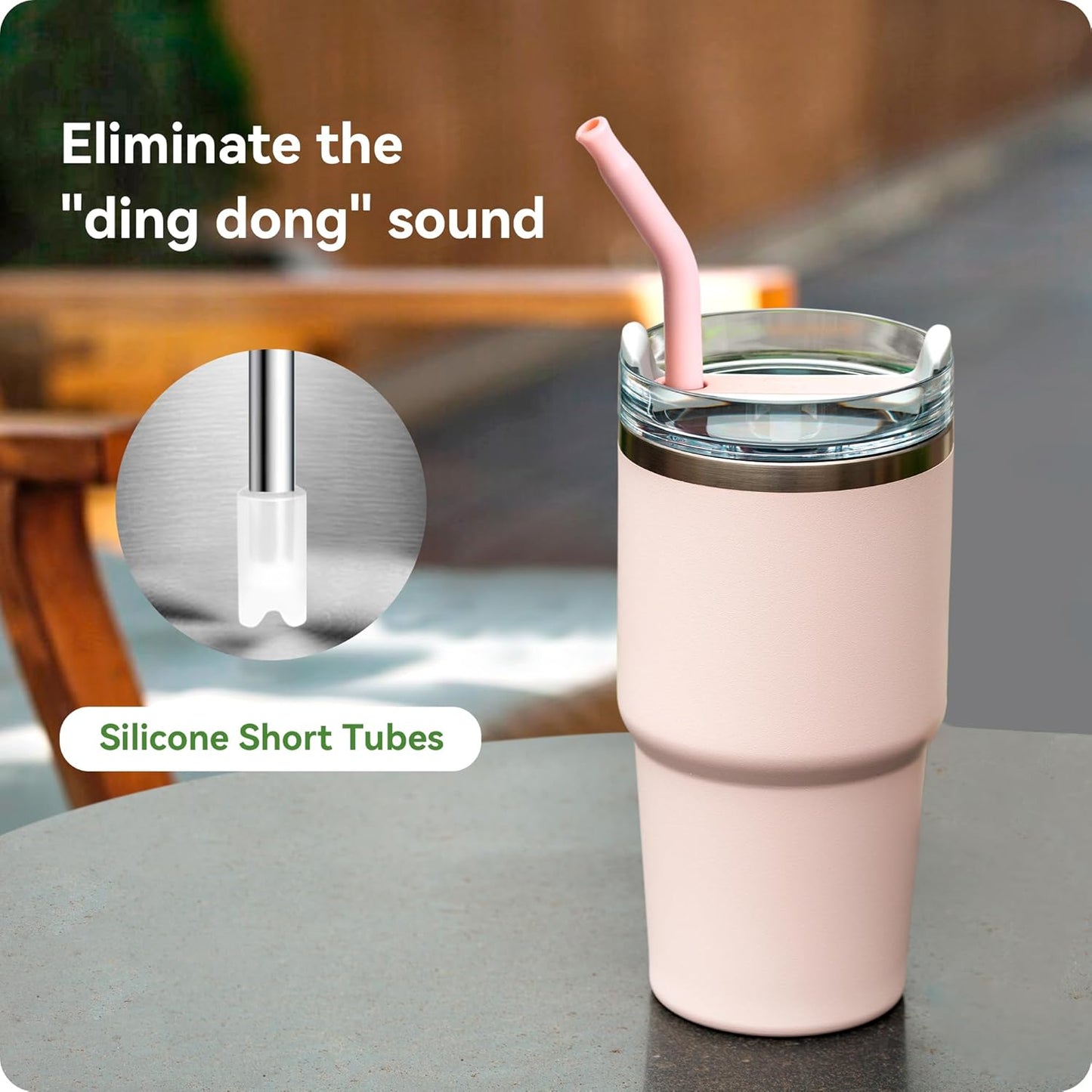 Snowfall 2 Pcs Replacement Metal Straws for Stanley 14 OZ, 20 OZ Tumbler, Stainless Steel Straws with Silicone Tip for 20 OZ Tumbler, Straw Brush (Light Pink)