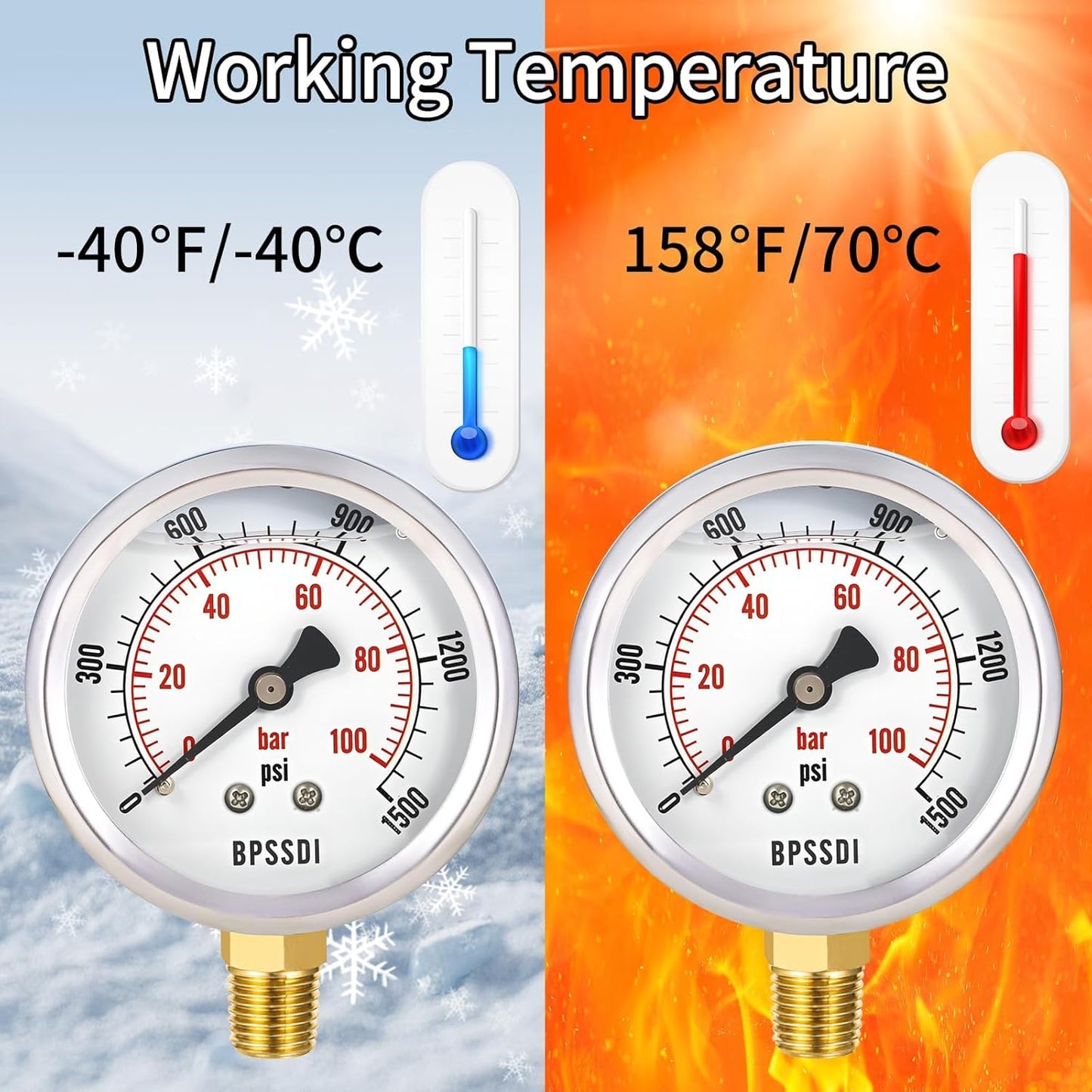 0-1500 Psi Glycerin Liquid Filled Hydraulic Pressure Gauge, 2.5" Dial Size, 1/4" NPT Lower Mount, 304 Stainless Steel Case, for Water Oil Air Gas Pressure Test
