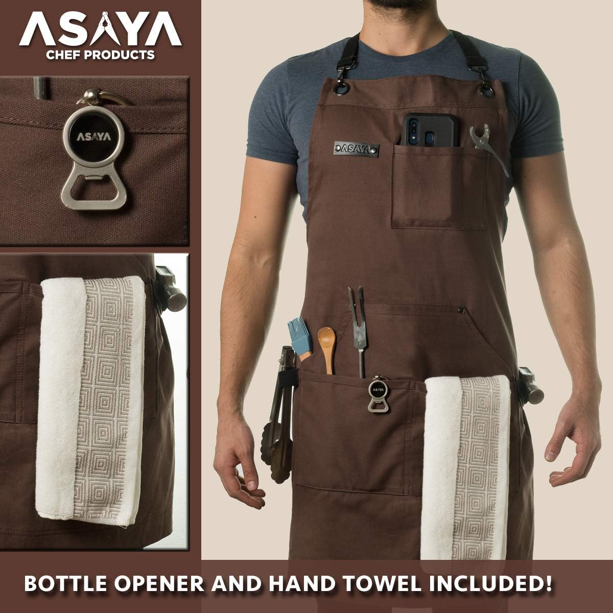 Asaya Chef and BBQ Apron with Bottle Opener and Hand Towel - 10oz Cotton Canvas, Stainless Steel Hardware - Cross Back Straps