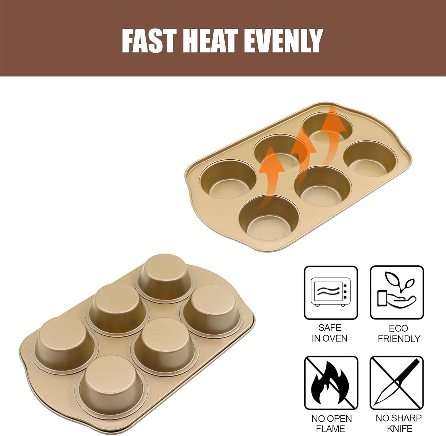 Jumbo Muffin Pan 2 Pack, Nonstick Large Cupcake Pan 6 Cup, Heavy Duty 0.5mm Thick Steel Big Muffin Tins for Baking, 3.5inch Dia, Gold