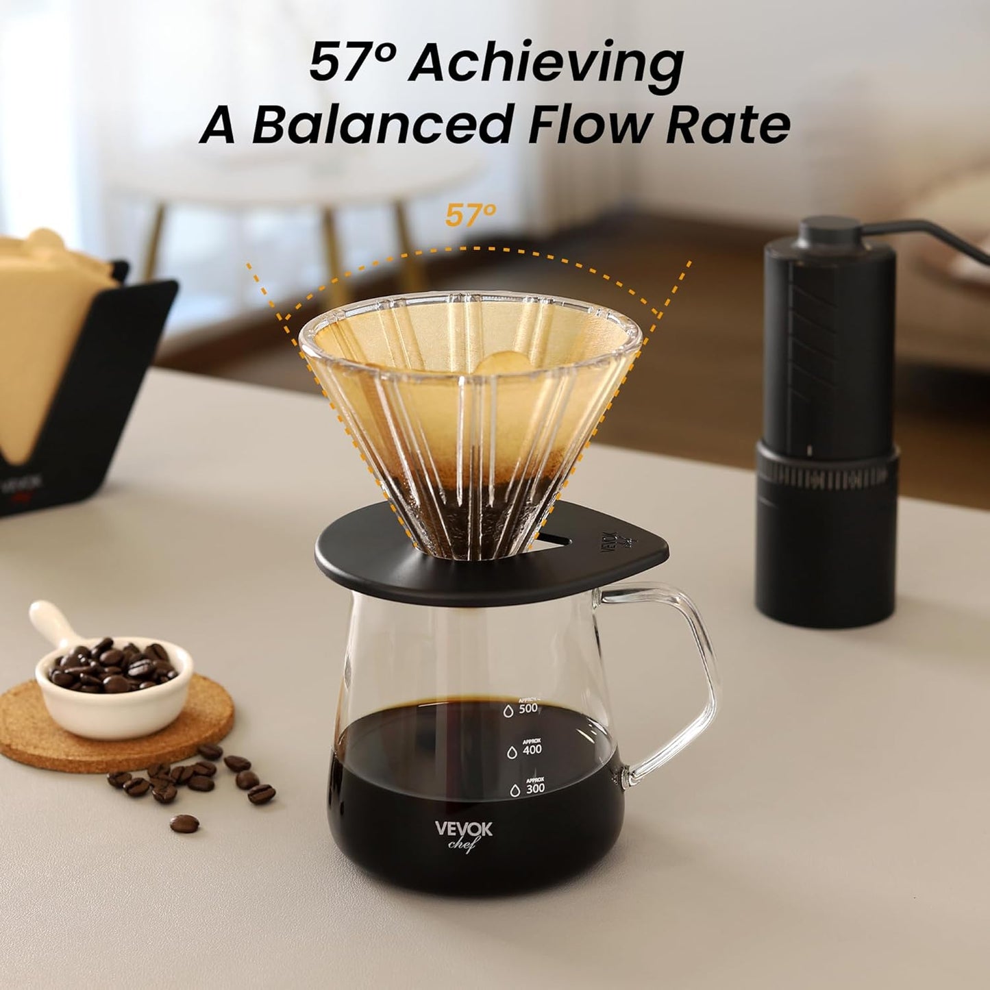 VEVOK CHEF Pour Over Coffee Maker Set, 20 Oz Borosilicate Glass Server Carafe and Glass Coffee Dripper with 100pcs Cone Paper Filter, Hand Coffee Brewer for Home, Camping, Outdoor