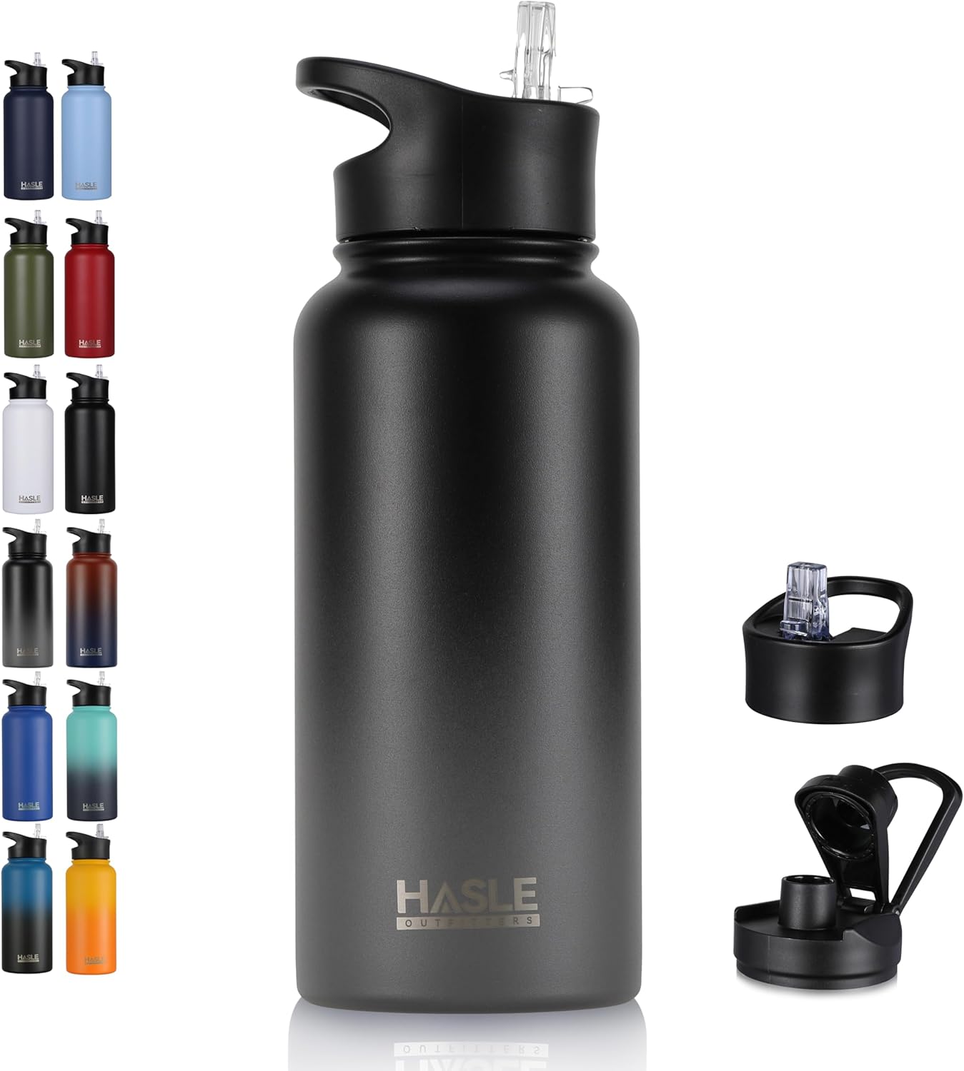 HASLE OUTFITTERS 32oz Stainless Steel Water Bottle, Vacuum Insulated Double Walled Leak Proof Sports Water Bottle with 2 Lids (Straw and Spout Lid) Thermo Mug Keep Cold and Hot(Black Gray Gradient,1)
