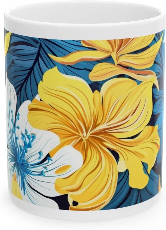 11 OZ Novelty Coffee Mugs - Christmas Gift (White & Yellow Flower Mug)