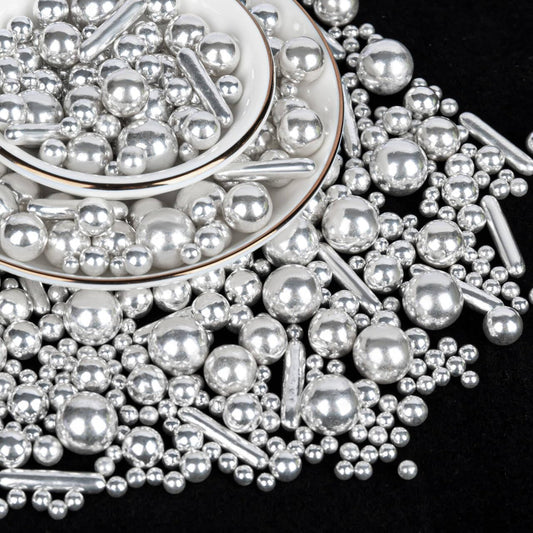 Silver Pearl Rods Sprinkles, Twisweet Edible Sugar Sprinkles for Cake Decorating Mix Size Candy Pearls for Baking Cake Topper Ice Cream Cupcake Cookie Dessert Decorations, Wedding Day Valentines Birthday Party Christmas Easter Supplies (130g/4.58oz)