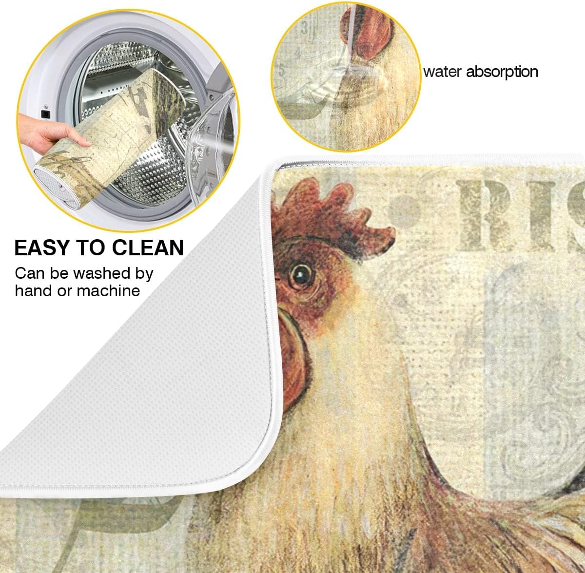 Farmhouse Rooster Dish Drying Mat 16 x 18 Inch with Hanging Loop High Absorbent Reversible Microfiber Dish Drying Pad Dish Rack Pad Drainer Mat for Kitchen Counter Coffee Bar