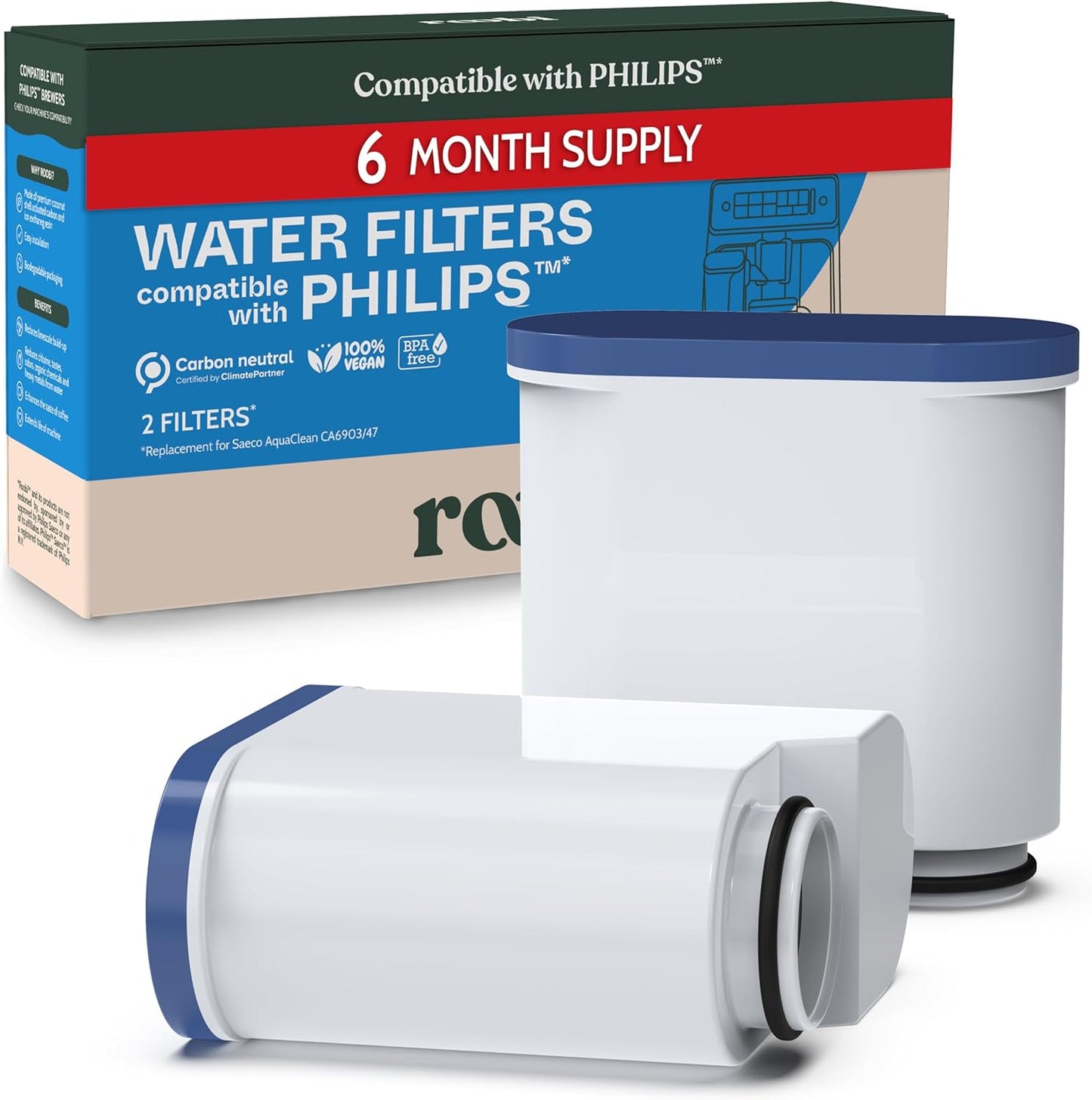 Roobi Philips Compatible Water Filters. Specially Designed for Philips Saeco Coffee Machines, Carbon Neutral Philips Aqua Clean Water Filters. 2 Pack, 6 Months Supply.