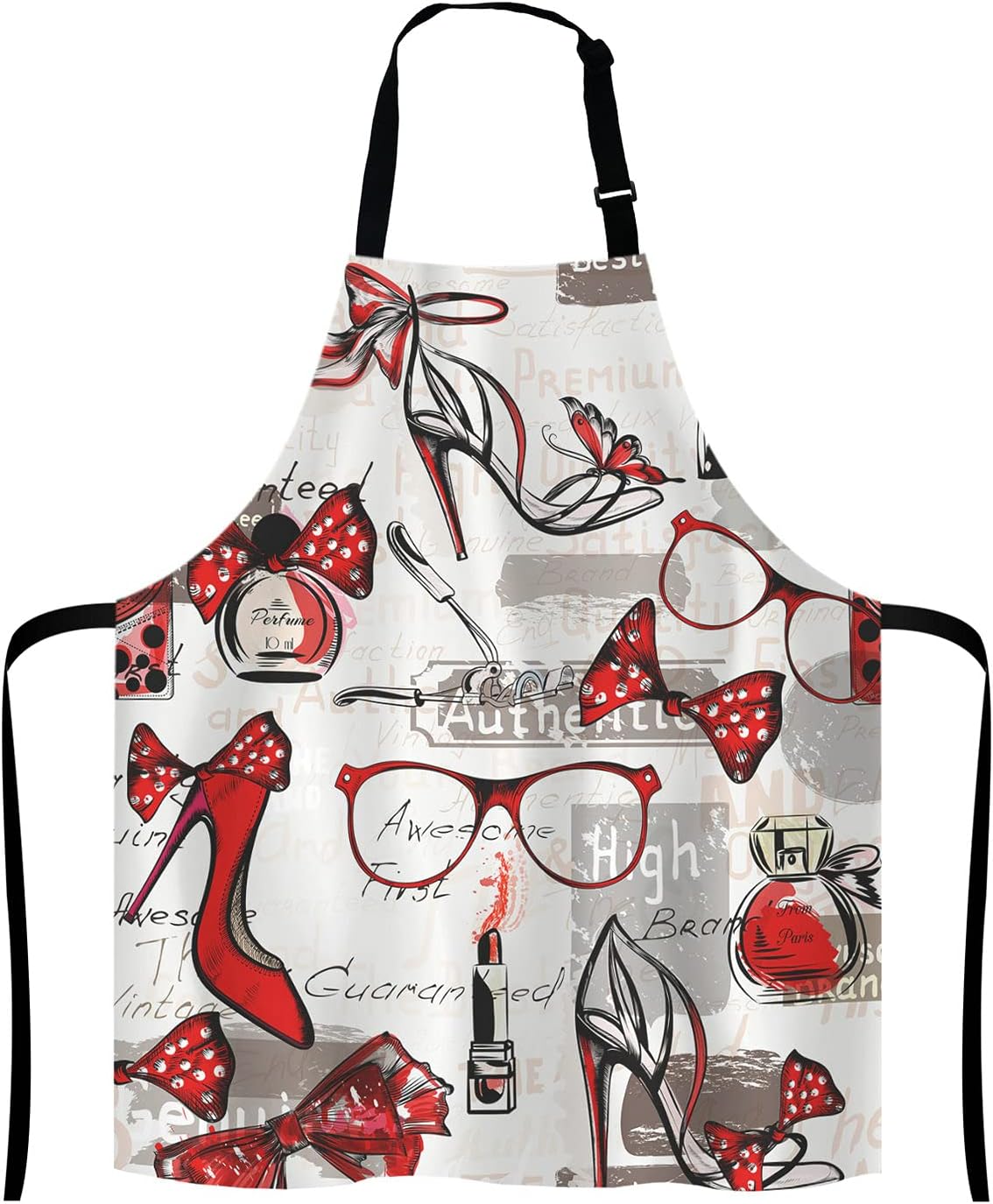Fashion Girl Apron, Watercolor Red Lipstick Perfumes High Heels in Vintage Background for Woman Unisex Kitchen Bib with Adjustable Neck for Cooking Gardening,Adult Size