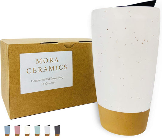 Mora Double Wall Ceramic Coffee Travel Mug with Lid, 14 oz, Portable, Microwave, Dishwasher Safe, Insulated Reusable Tall Cup, Splash Resistant Lid - To Go Tumbler for Car Cup Holder, Cotton White