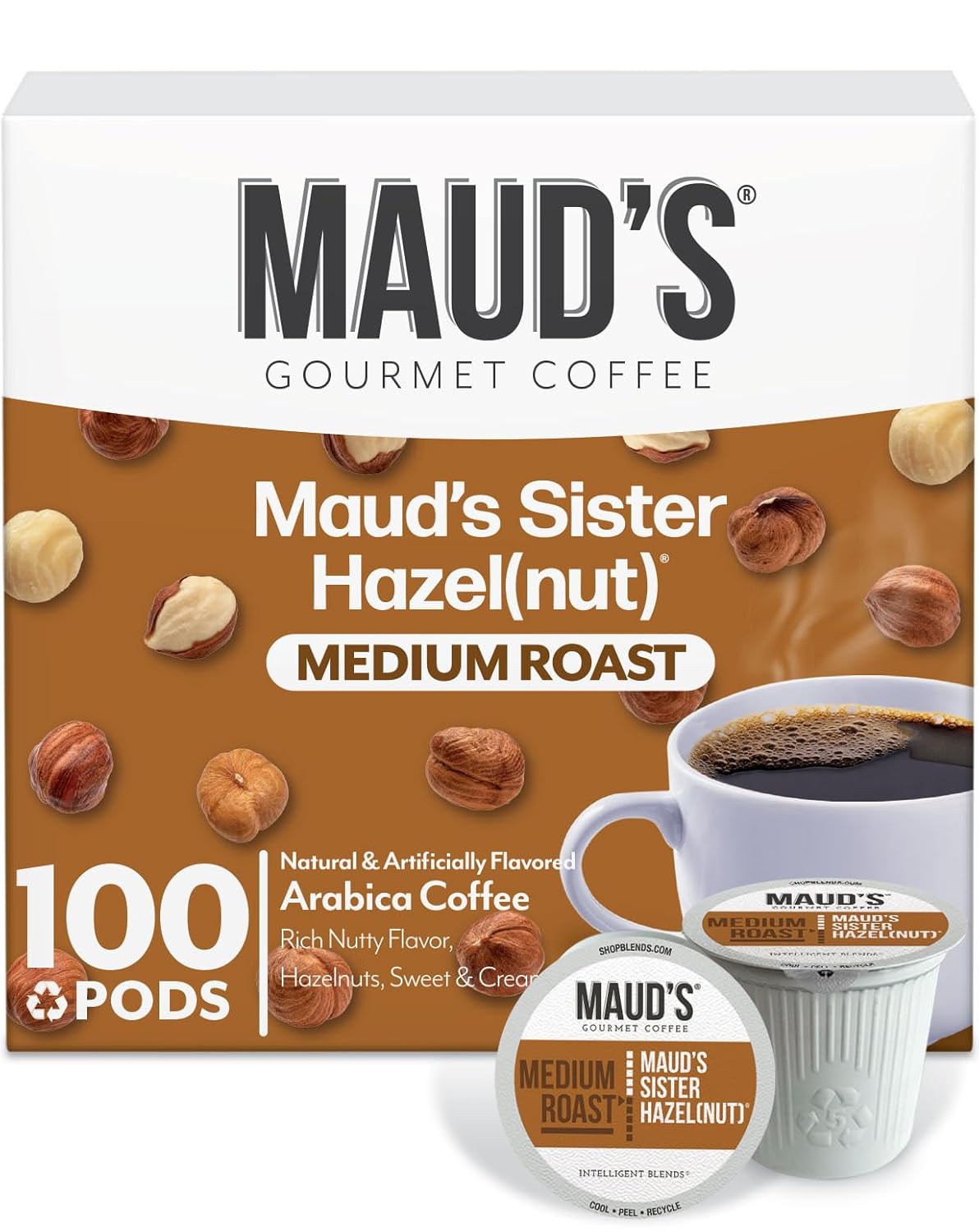 Maud's Sweet Hazelnut Flavored Coffee Pods, 100 ct, Medium Roast Flavored Coffee in Recyclable Single Serve Pods – 100% Arabica Beans, Compatible with Keurig K Cups Maker