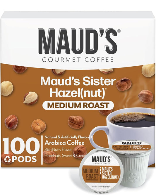 Maud's Sweet Hazelnut Flavored Coffee Pods, 100 ct, Medium Roast Flavored Coffee in Recyclable Single Serve Pods – 100% Arabica Beans, Compatible with Keurig K Cups Maker