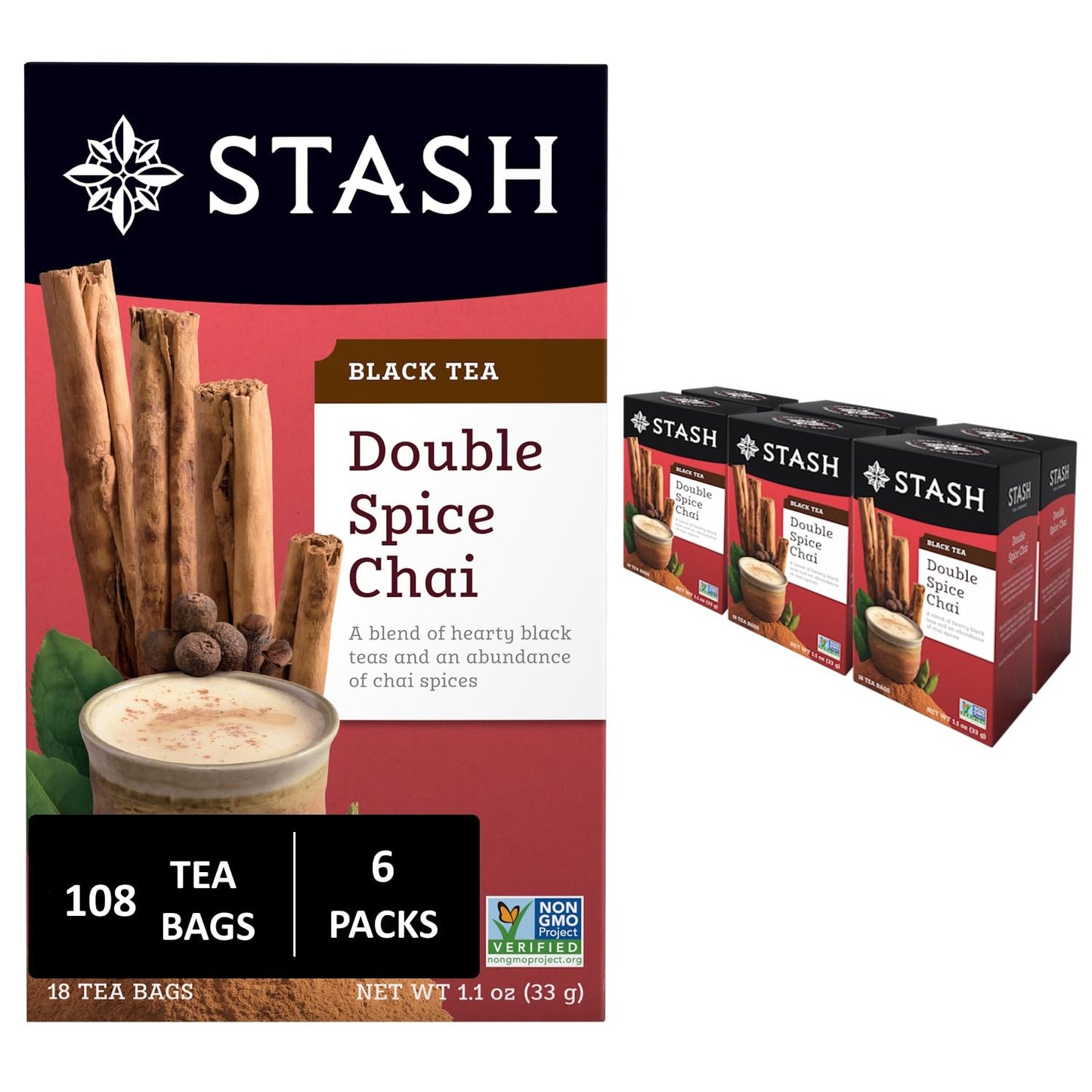 Stash Tea Double Spice Chai Black Tea, 6 Boxes With 18 Tea Bags Each (108 Tea Bags Total)