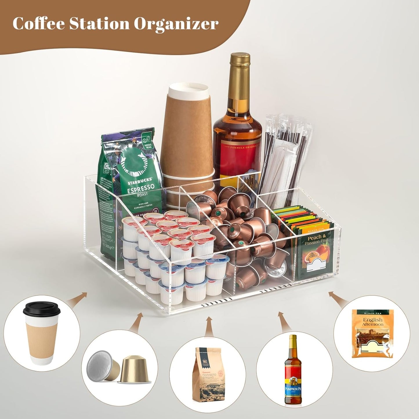 BEYGORM Acrylic Coffee Bar Station Organizer for Countertop,Office Breakroom Clear Snack Tea Storage Accessories Holder for Kcup Pod Condiment Cup Sugar Creamer Syrup, Coffee Gift for Coffee Lovers