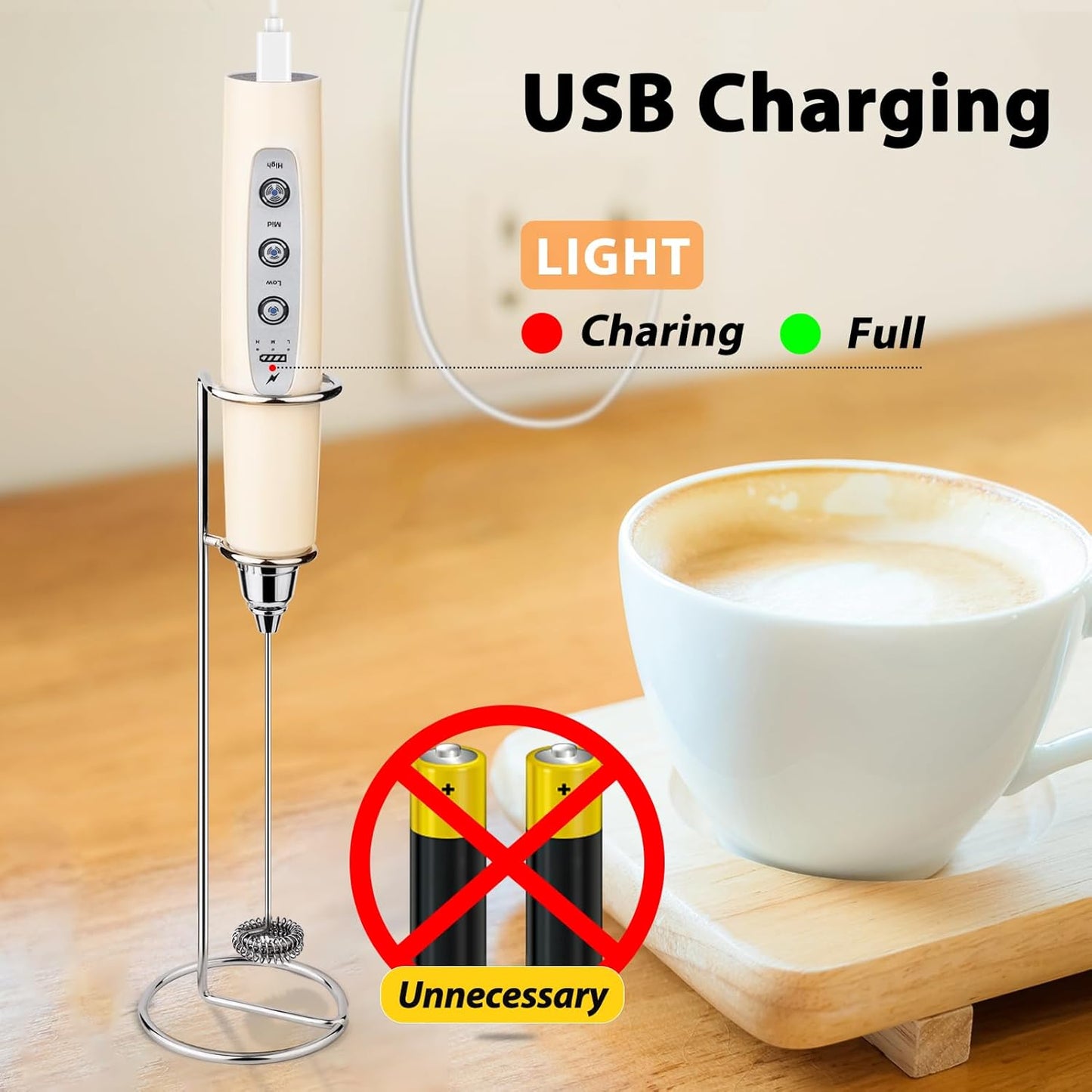 Milk Frother Rechargeable Handheld-Electric Whisk 3 Speed Adjustable, Coffee Frother Wand with 3 Stainless Whisks, Foam Maker, Drink Mixer Blender for Latte Cappuccino Matcha Egg (With Stand, Beige)