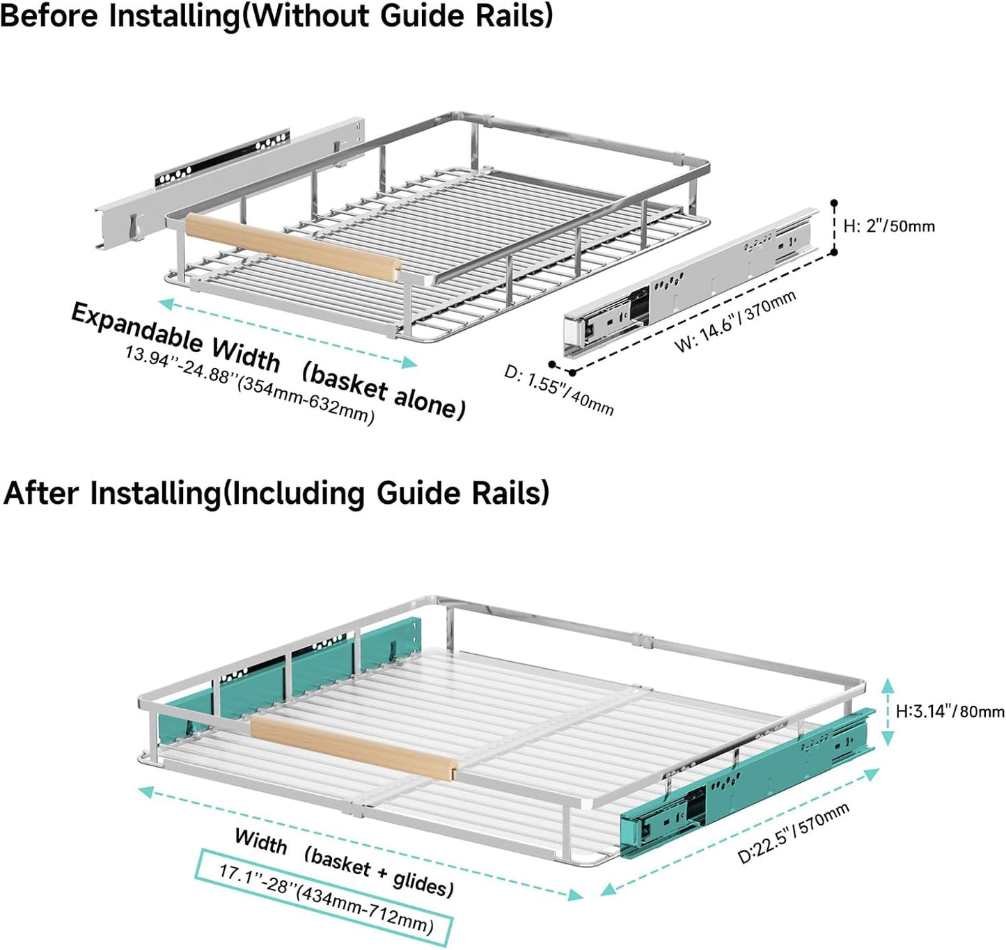 2Pack Expandable Pull Out Cabinet Organizer, Adjustable Width:17.1~28''W x 22.5''D Under Sink Organizer, Drawer Storage Shelves for Kitchen, Bathroom, Closet, Pantry, Cupboard, Pots, Pans