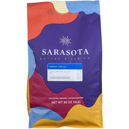 Sarasota Coffee Whole Bean French Vanilla | Medium Roast Gourmet Flavored Coffee Beans | Low Acid, Mold Free, Specialty Grade Bulk Beans | 5lb (80 oz)