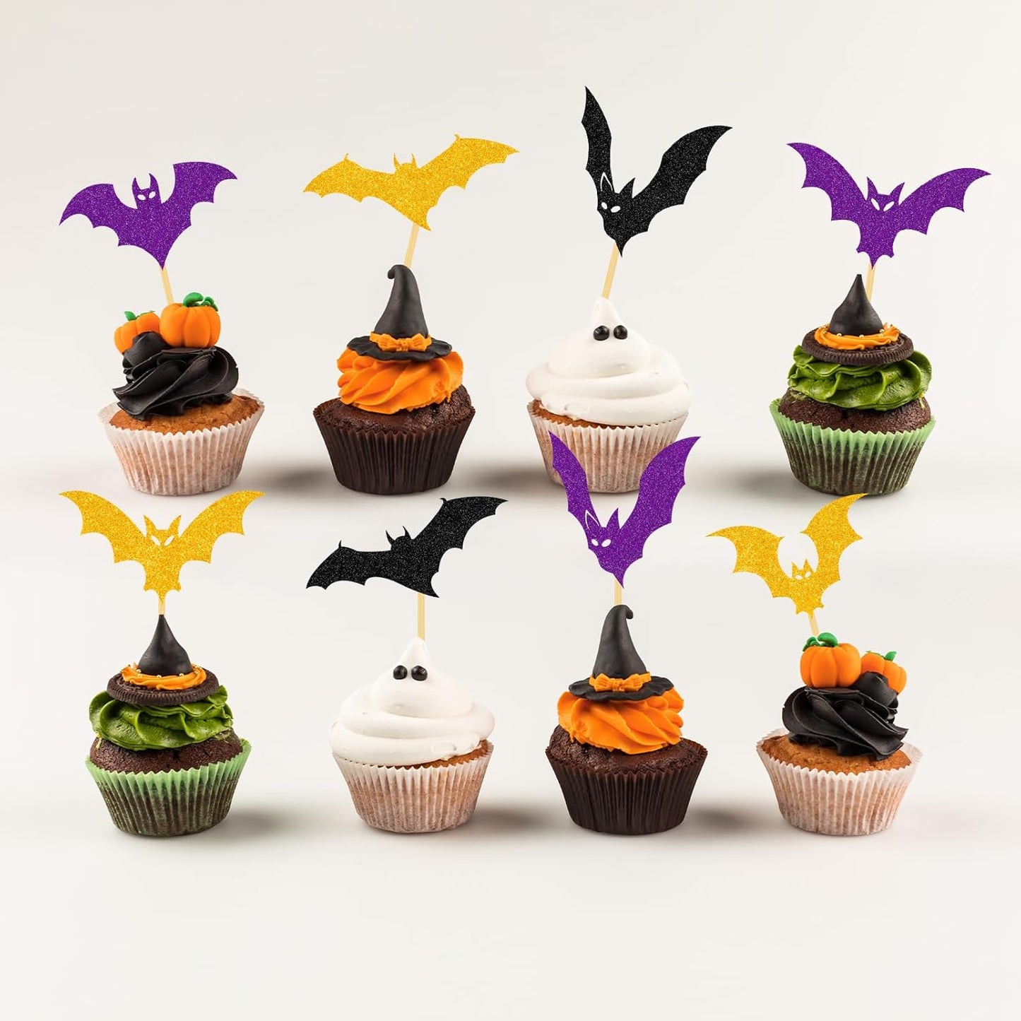 YQUQWN 24 PCS Halloween Black Orange Purple Glitter Bat Cupcake Decorations, Halloween Cupcake Selection, Suitable for Children's Birthday Party, Theme Party, Baby Shower Event Decoration Supplies