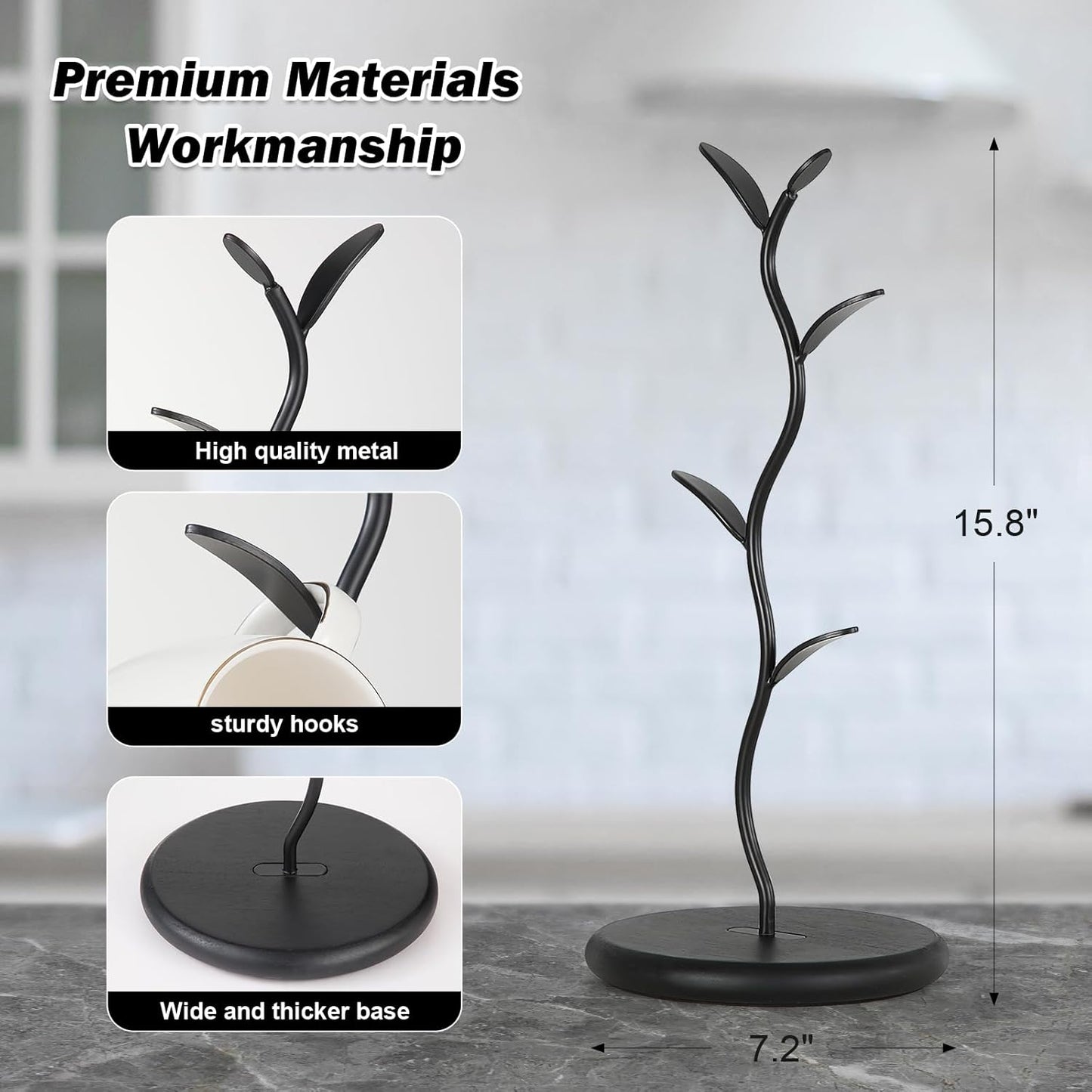 Mug Holder, Countertop Mug Tree, Coffee Mugs & Tea Cup Storage Rack, Coffee Counter Bar Accessory & Kitchen Organizer (Midnight Black)