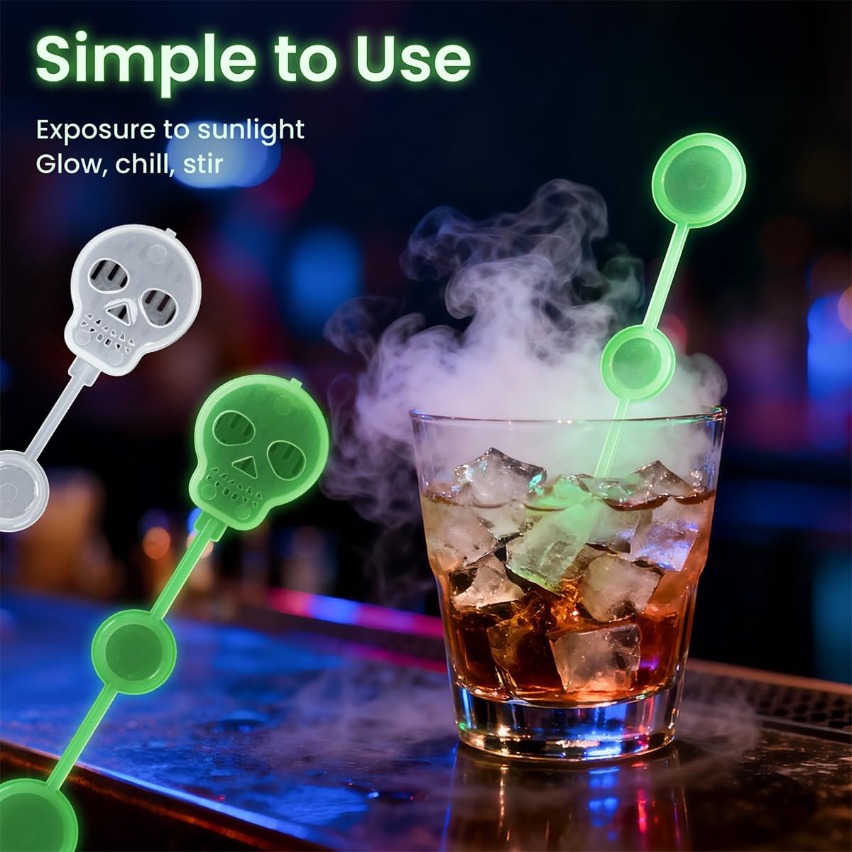 25 Pcs Halloween Dry Ice Swizzle Sticks, Clear Skull-Shape Plastic Stir Sticks Glow in Dark Bar Cocktail Beverage Drink Stirrers for Smokey Drinks Coffee Home Party Decoration