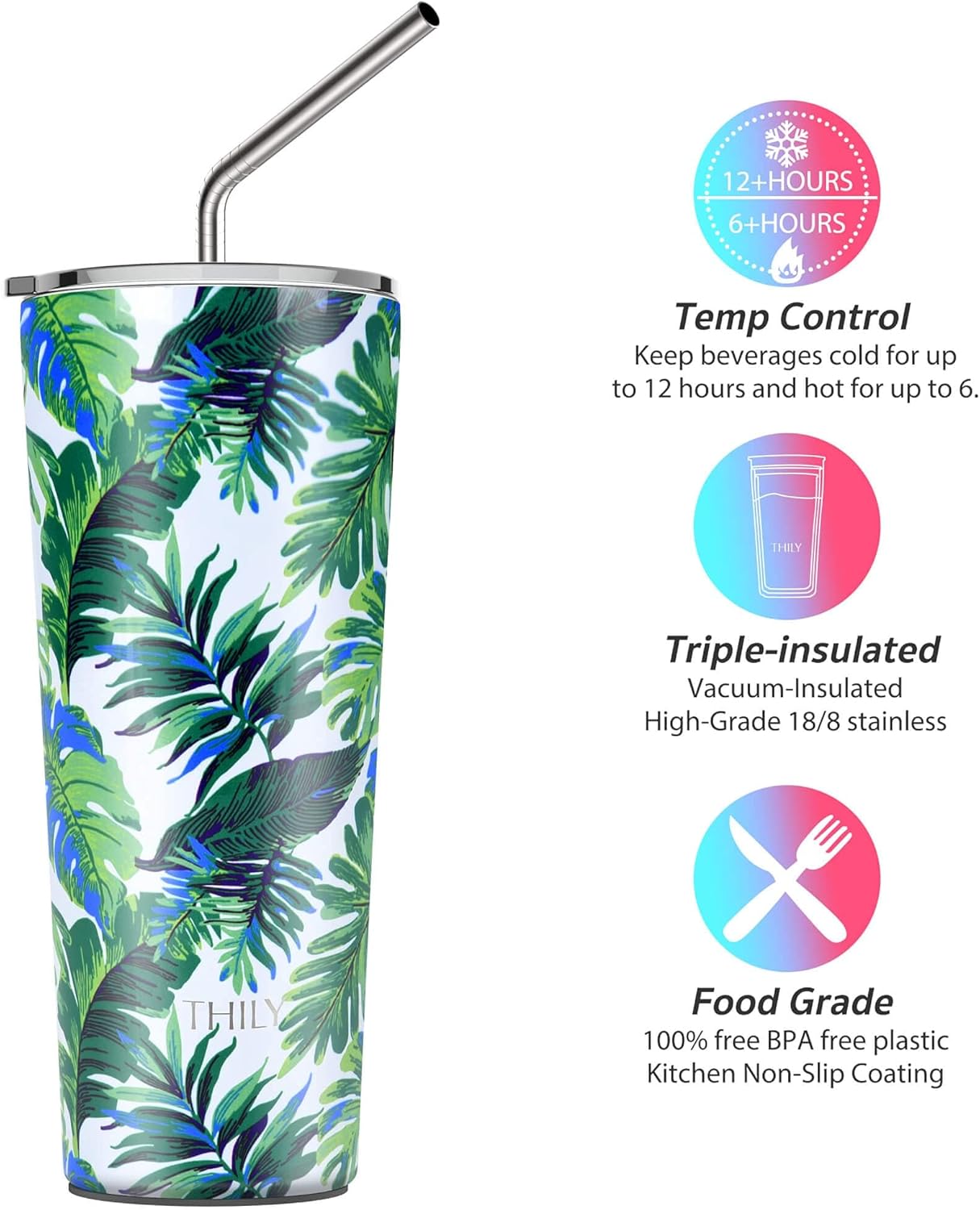 THILY Tumbler Stainless Steel Coffee Cup 26 oz Triple-Insulated Travel Mug with Splash-Proof Lid, for Ice Drinks and Hot Beverage Smoothies Cup, Green Plants